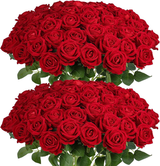 60Pcs Red Roses Artificial Flowers, Velvet Silk Faux Roses, Realistic Red Flowers for Wedding Centerpieces, Cake, Bridal Bouquets, Home Decor, Anniversary, Valentine's Day Decorations
