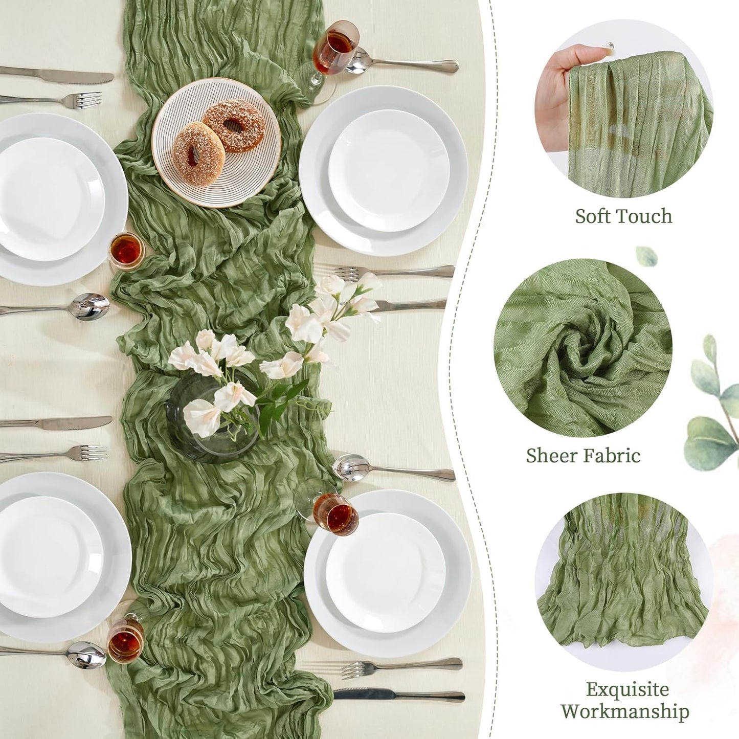 12 Pack Sage Green Cheesecloth Table Runner 10FT Long Boho Gauze Table Runner Rustic Sheer Runner for Wedding Bridal Baby Shower Birthday Party Table Decor Thanksgiving Christmas Decorations