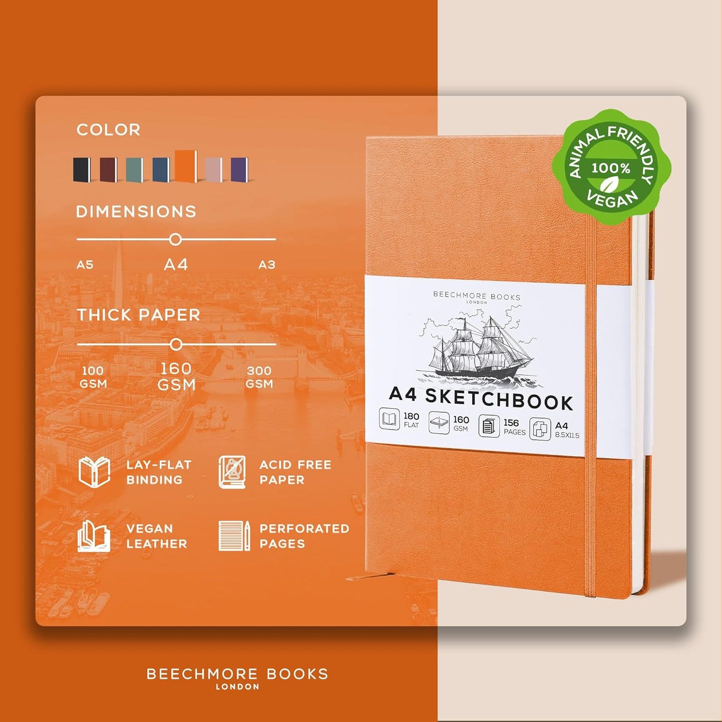 Beechmore Books A4 Sketchbook ??8.5x11 Premium Vegan Leather Bound Large Sketch Book Hardcover with 156 Thick 160gsm Perforated Ivory Pages, Blank Sketch Pad, Gift Boxed, Back Pocket, Ribbon Bookmark