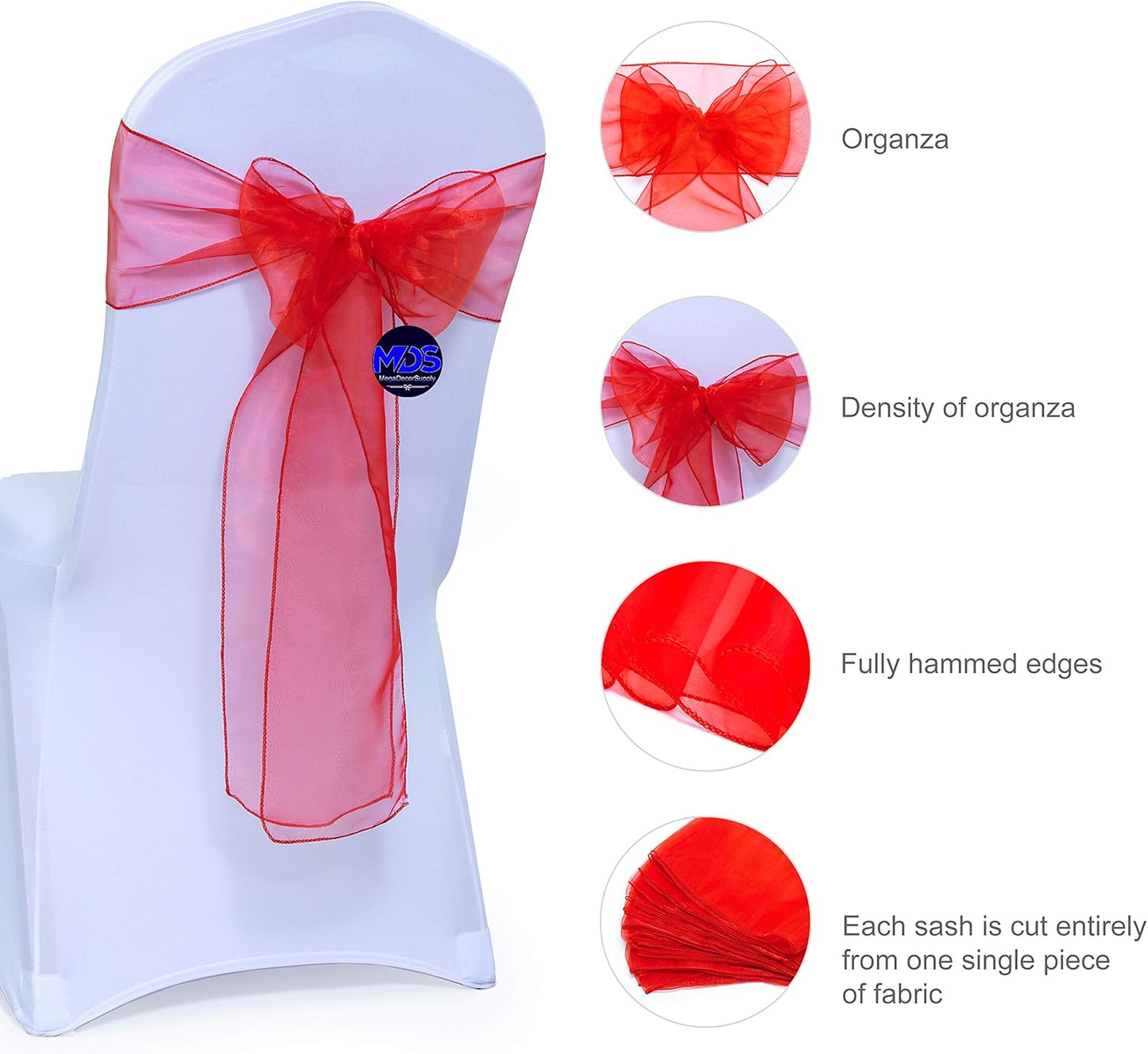 MDS Pack of 300 PCS Organza Chair Sashes Wider Dining Chair Bows Ribbon Tie Back for Wedding Party Birthday Bridal Shower Reception Event Banquet Home Chair Cover Decoration - Red
