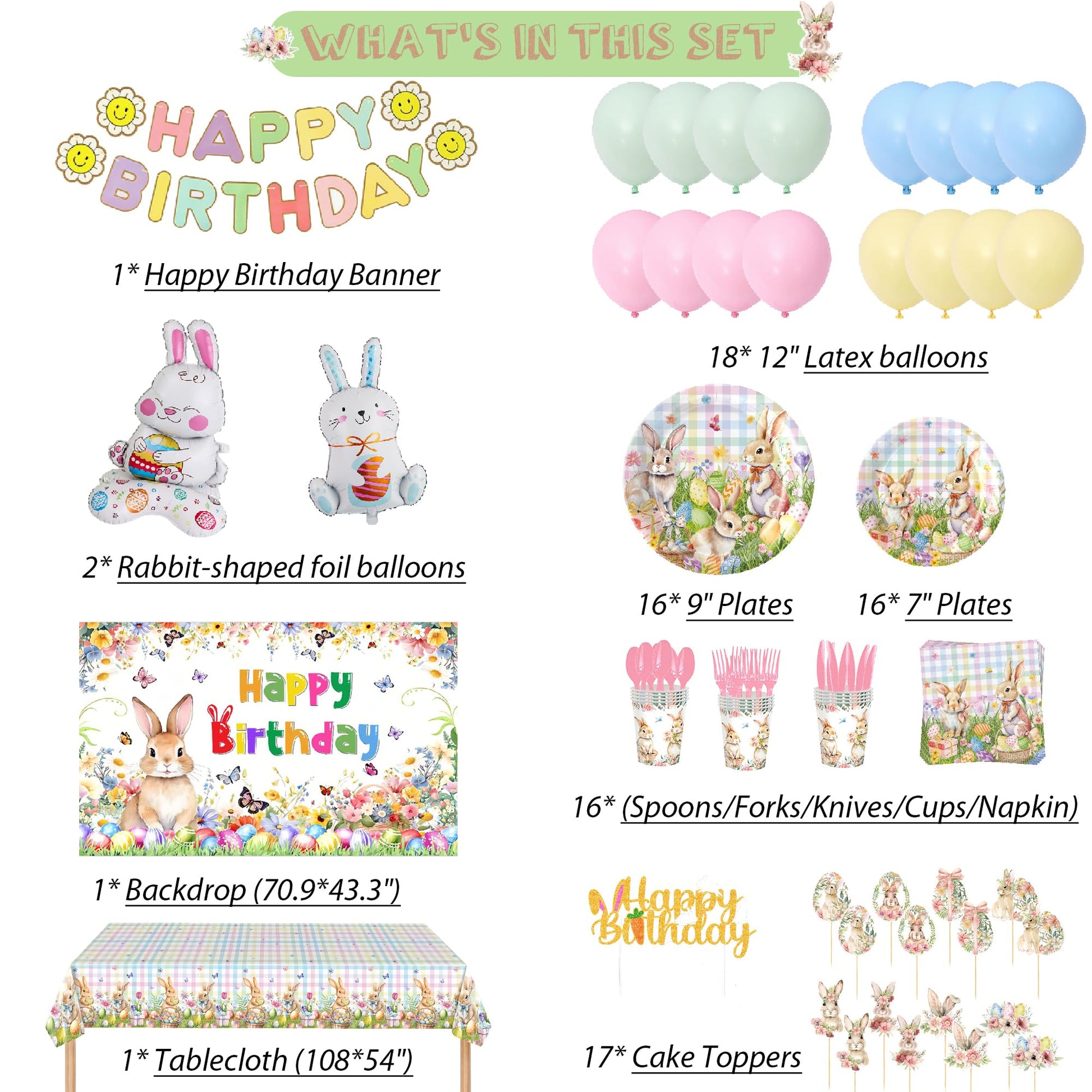 Easter Rabbits Themed Happy Birthday Party Decorations, Plates Napkins Cups Tableware, Bunny Egg