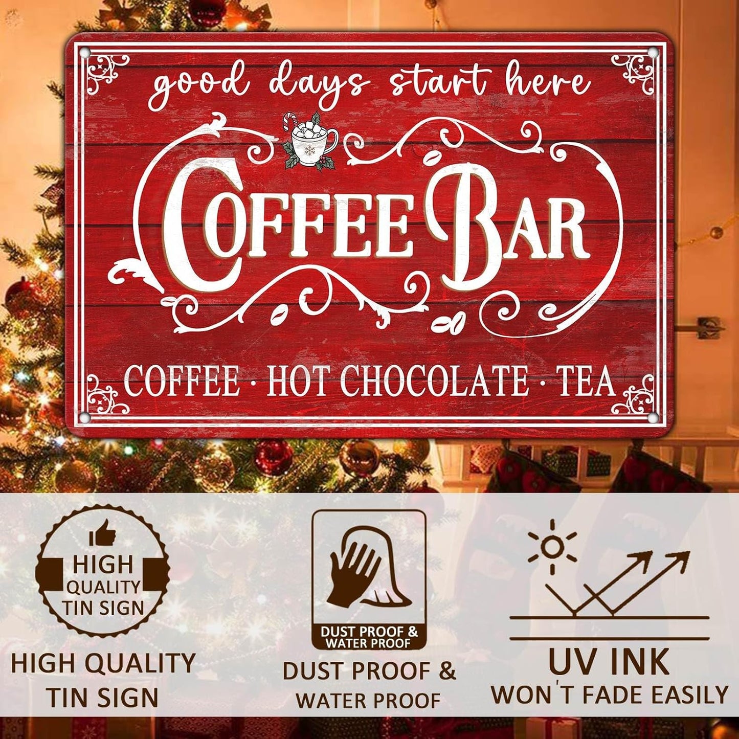 Vintage Christmas Coffee Bar Tin Sign - Kitchen Decor, Tea Bar Accessories, Hot Chocolate Station - 8x12Inch