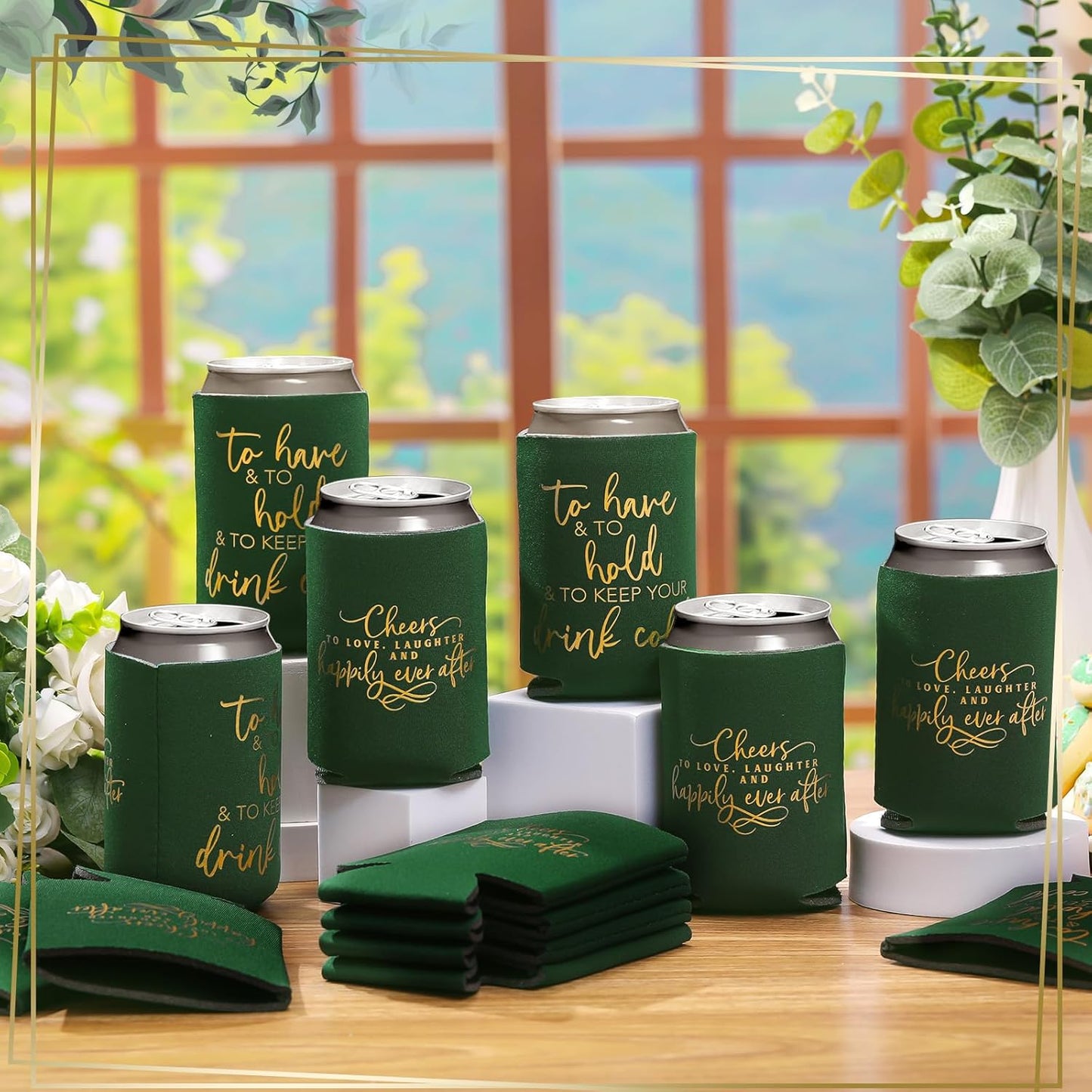 50 Pieces Wedding Can Cooler Bulk Engagement Party Favors for Guests Cheers to Love Laughter and Happily Ever After Rehearsal Dinner Decorations for Wedding Bridal(Army Green,Cute)