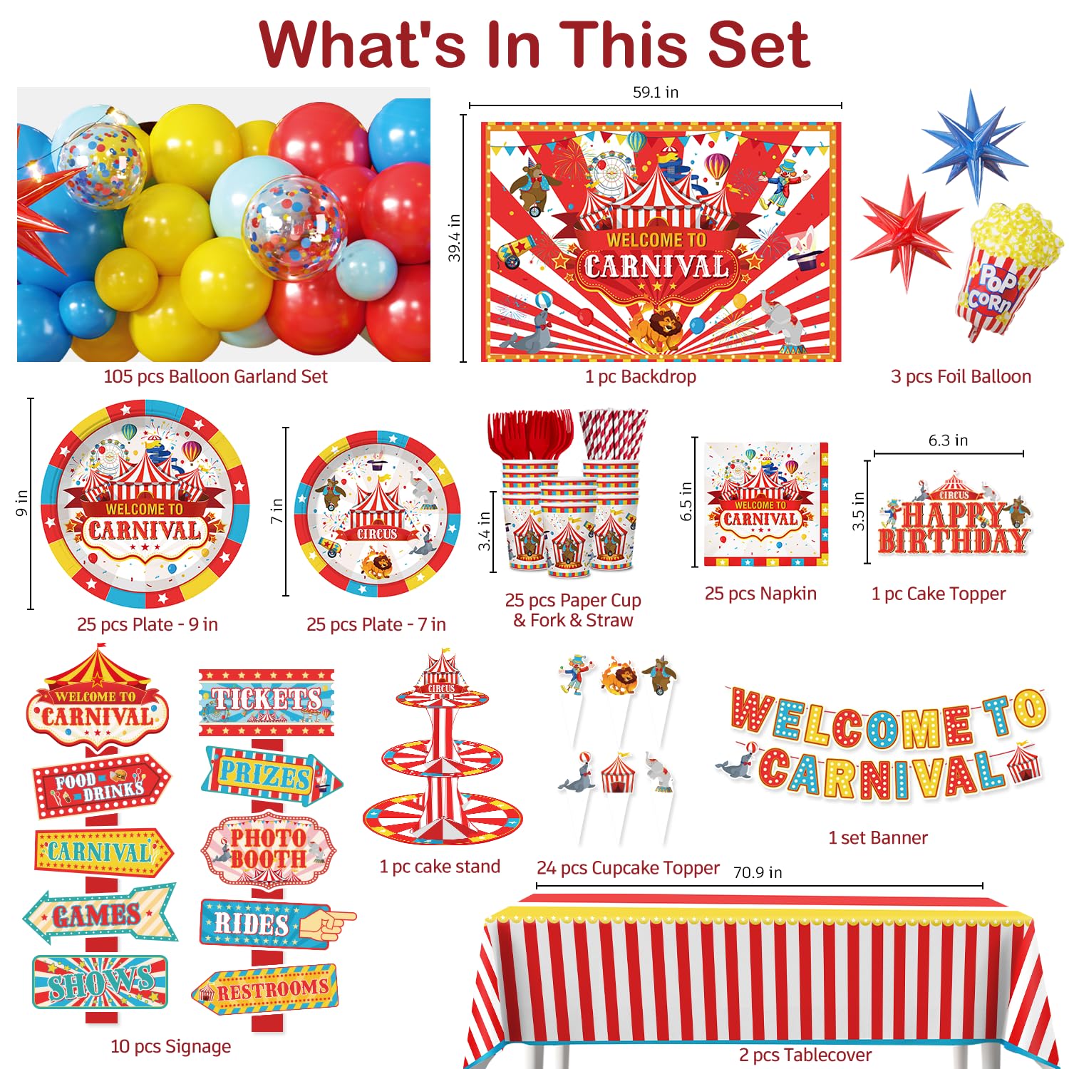 Cocomigo 302PCS Carnival Theme Party Decorations Circus Party Set Serves 25