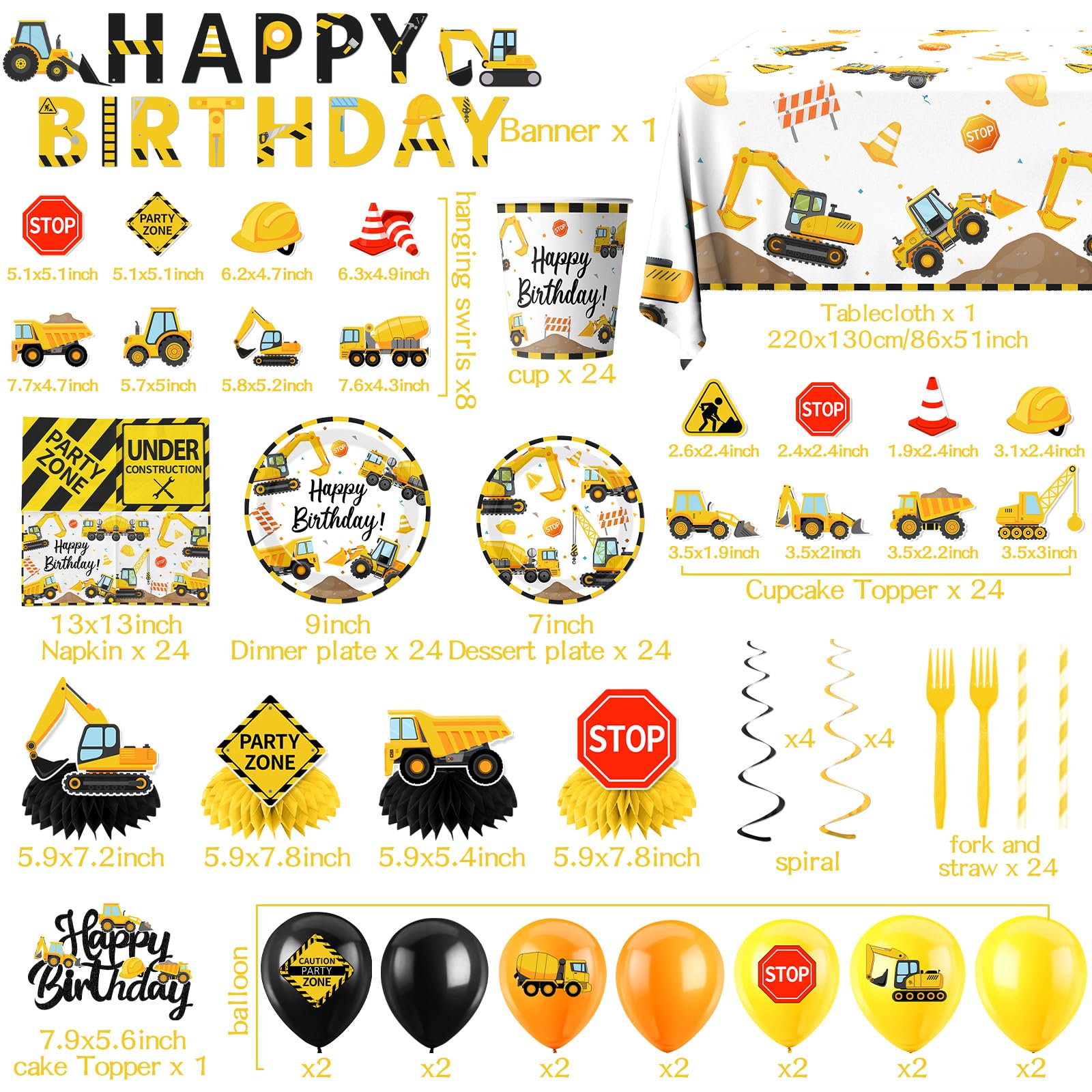 Construction Birthday Decorations,245PCS Construction Birthday Party Supplies-Includes Plates