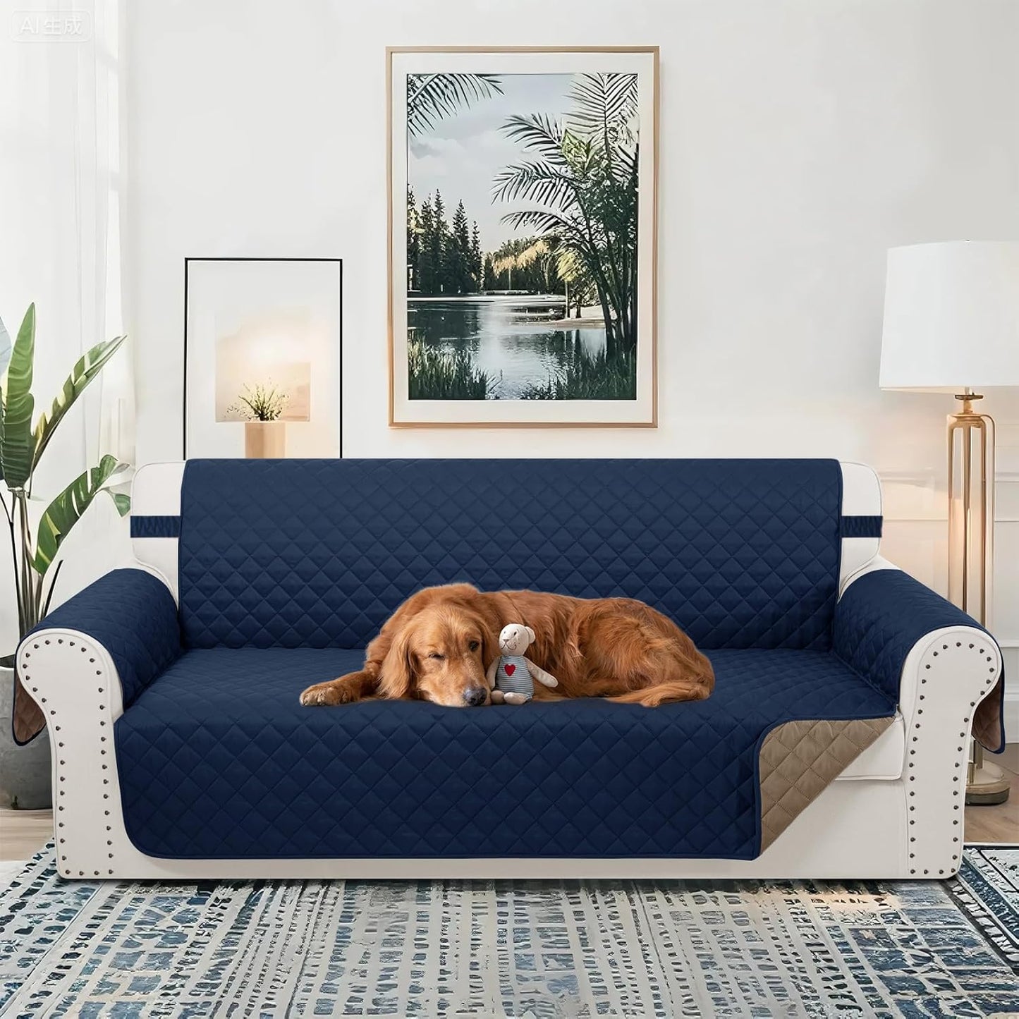 Reversible Sofa Covers Couch Cover Furniture Protector for Dogs Elastic Straps Water Resistant(Sofa,Navy/Camel)