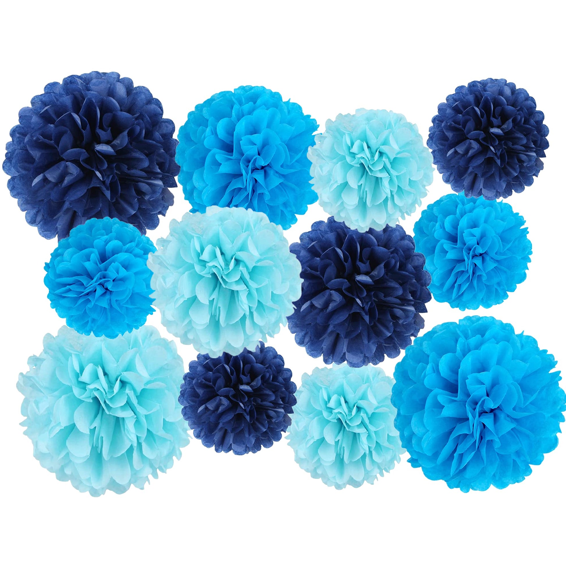 12pcs Blue Paper Pom Poms Set for Party Decor (Mixed Size 8/10/12 Inch)