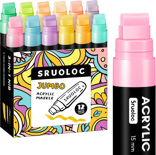 12 Pastel Colors Jumbo Markers, 15mm Jumbo Felt Tip, Acrylic Paint Markers for Rock Painting, Poster, Stone, Ceramic, Glass, Wood, Canvas