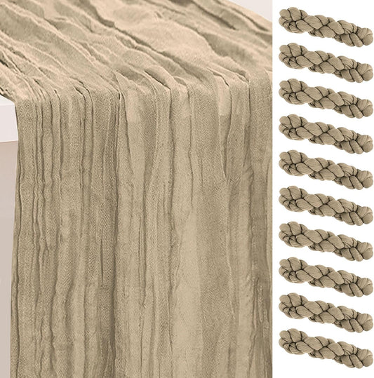10 Pack Khaki Cheesecloth Table Runner 35x120 Inch 10Ft Rustic Gauze Cheese Cloth Table Runner Sheer Cheesecloth Table Runners for Wedding Party Bridal Shower Decoration