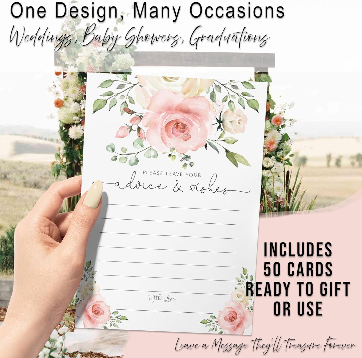 Your Main Event Prints Blush Floral Advice and Wishes Cards for the Bride and Groom - Perfect for Bridal Showers, Baby Showers, Graduations, and Weddings - Pack of 50 4x6 Cards
