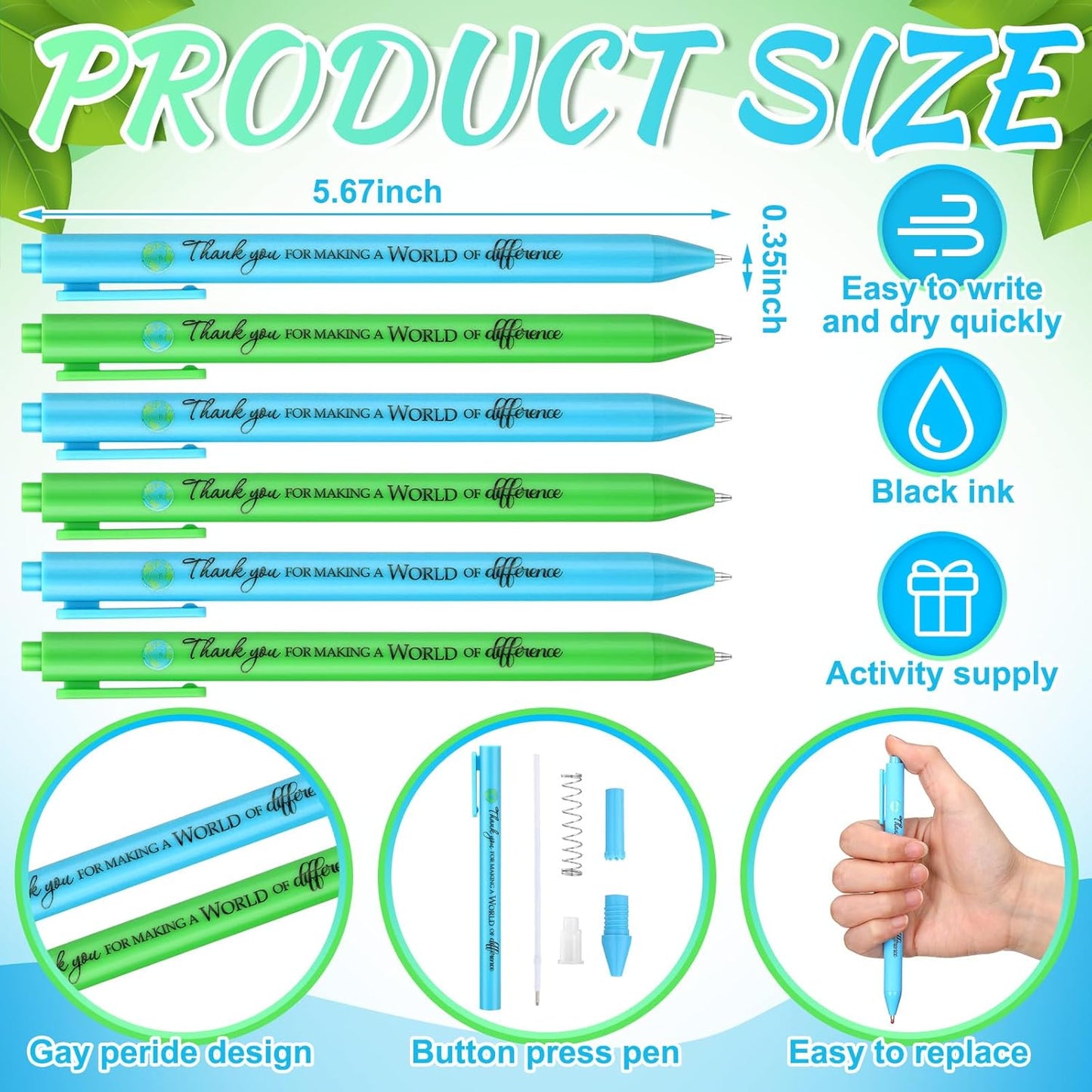 24 Pcs Earth Day Pens Bulk Party Favors Novelty Cute Green Blue Retractable Ballpoint Pen Earth Day Gift for Desk Decoration Accessories Stationery Office, 2 Styles