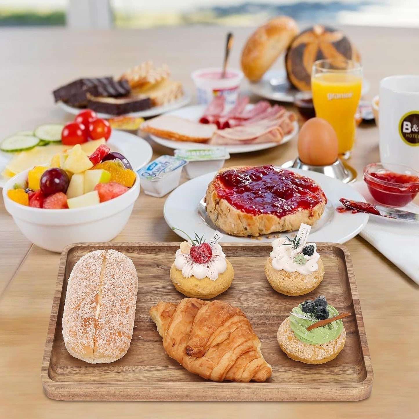 2 PCS 16 x 12 in Large Solid Acacia Wood Serving Trays Rectangular Wooden Serving Platters Natural Wooden Boards for Bar Coffee Party（Wood Log Color）