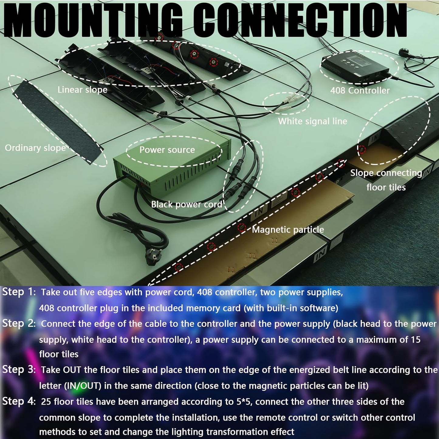 Dance Floor Stage Lights Tempered Glass Infinity Mirror Panel 3D Effect Led Dance Floor for Wedding Party Customizable (RGB-Magnetic, 25PCS(8.2FTX8.2FT))