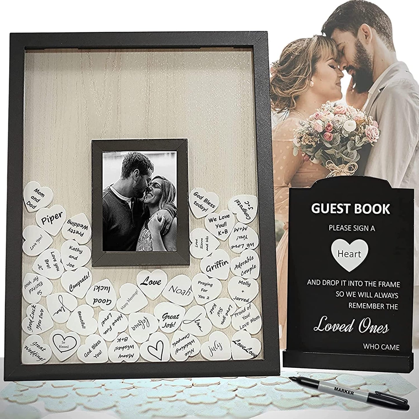 Wedding Guest Book Alternative, Registry Item,12x16 Picture Frame, 70 Pcs Welcome Sign, Gift, White Hearts, Baby Shower Registry, Anniversary, Funeral, Memories (Black)