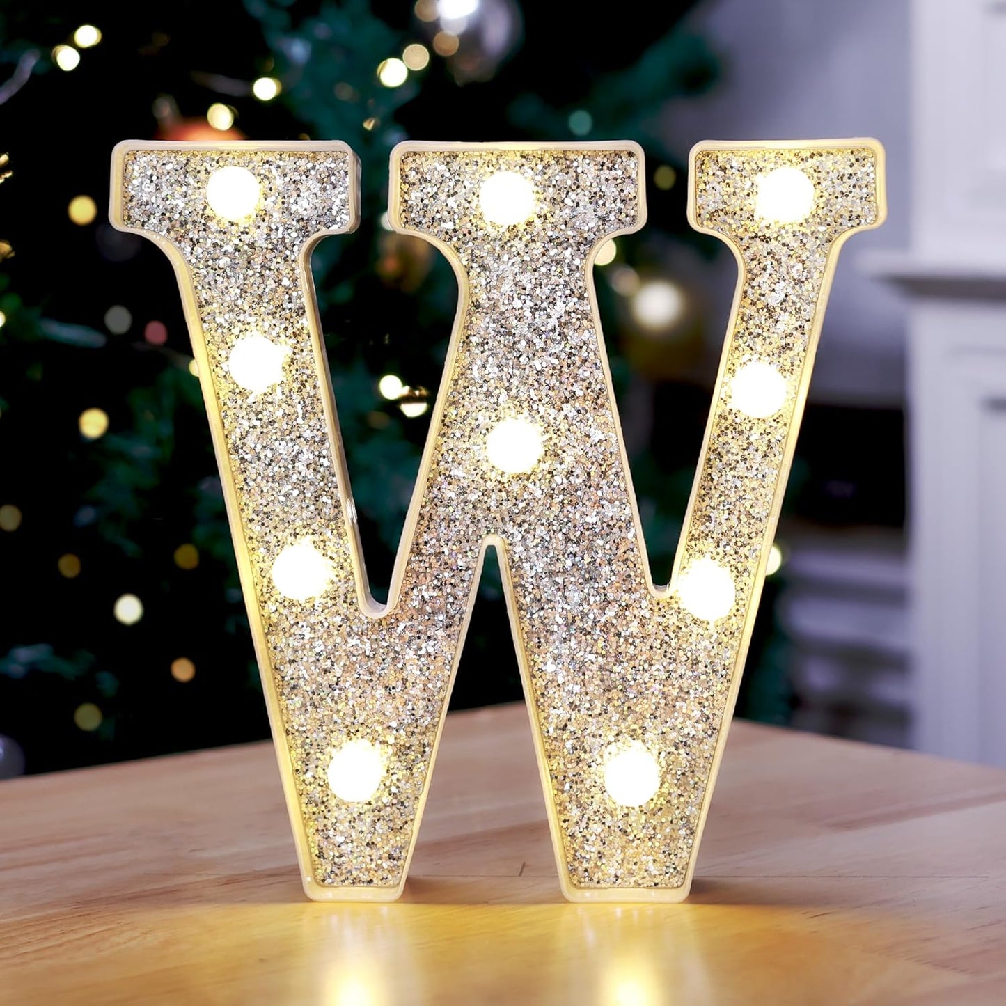 Marquee Light Up Letters, Glitter Silver LED Letter Lights Battery Powered Alphabet Letter Sign for Night Light Wedding Birthday Party Cafe Bar Decoration Girls Room Decor - W