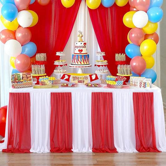 Reb and White Striped Table Skirt for Rectangle Tables or Round Tables for Carnival Circus Party 14ft Tulle Tutu Table Cloths Cover for Birthday Party Baby Shower Table Decorations