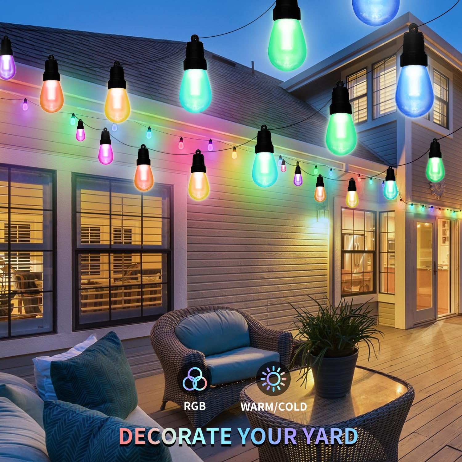 CAWWS Outdoor String Lights 50FT, Color Changing Patio Lights, Waterproof
