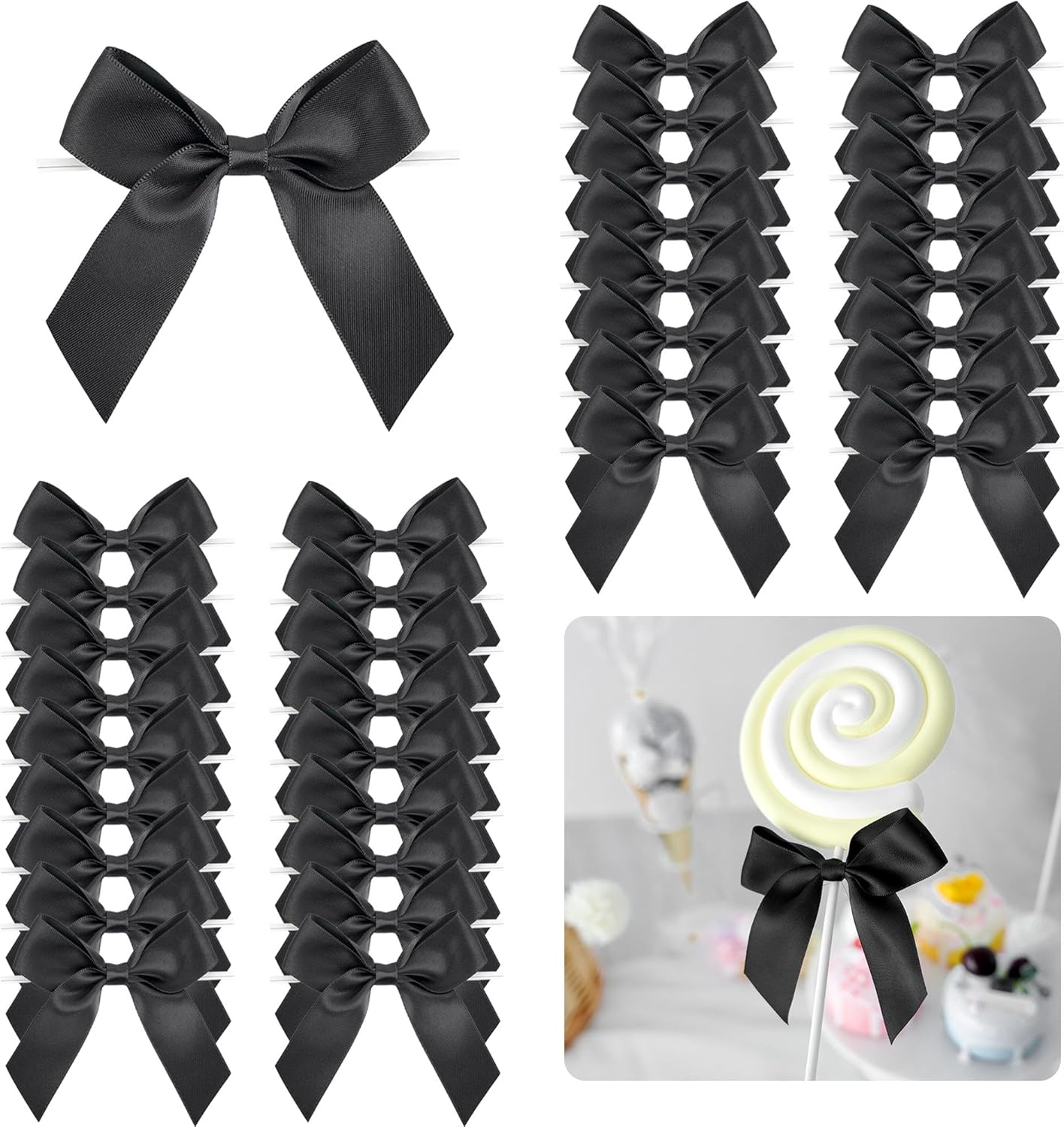 3.5" Black Bow Satin Pre-Tied Bows for Gift Wrapping, Small Bows for Crafts, Premade Bows, Candy Apple Bows, Twist Tie Bows for Cake Decorating, Party Favor, Wedding Decoration-36 Counts