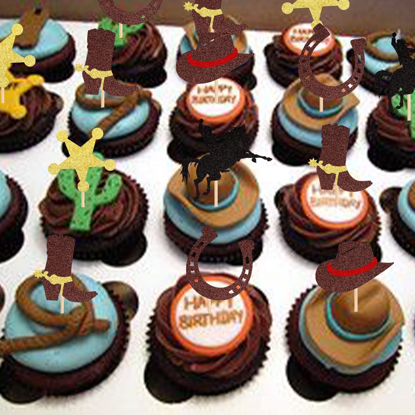 30 PCS Cowboy Cupcake Toppers Glitter HorseShoe Cowboy Hats Boots Cupcake Picks Western Theme Baby