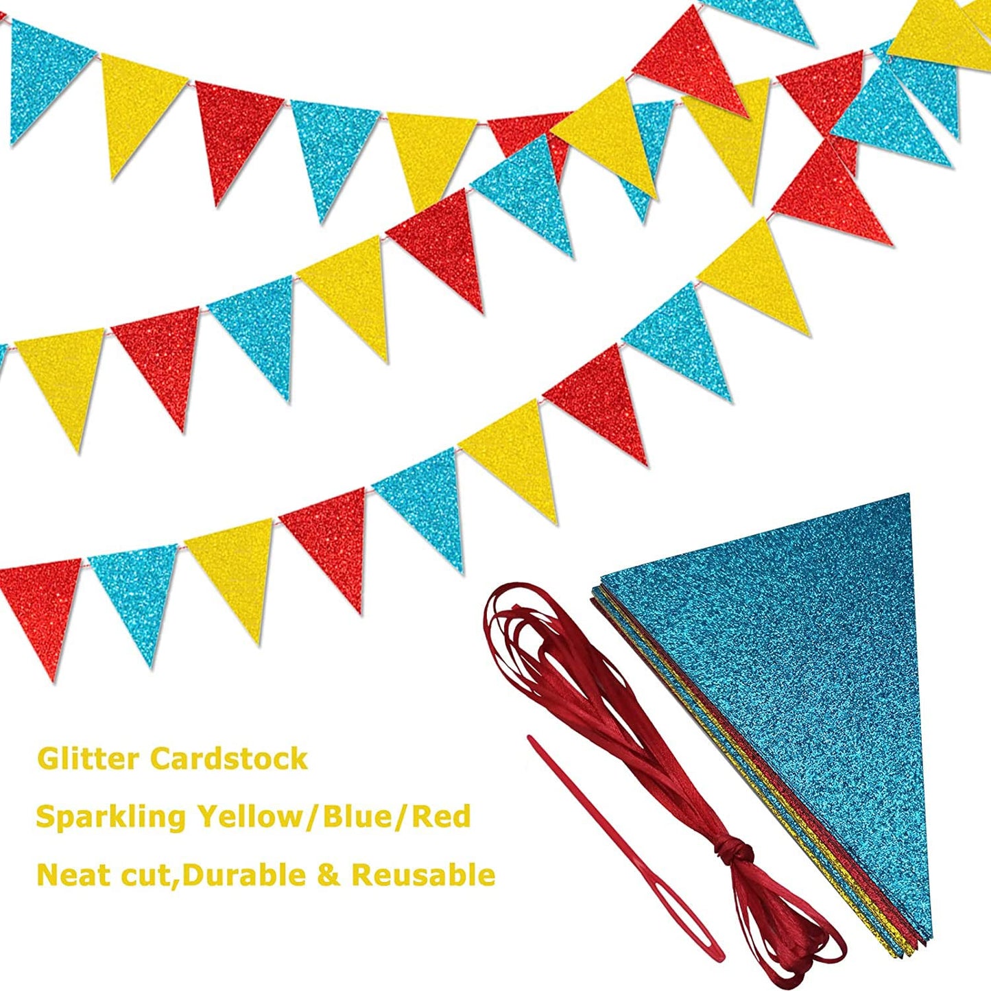 45 Pieces Colorful Pennant Flags - 49ft Carnival Theme Party Garland Banner Yellow Blue Red Glitter