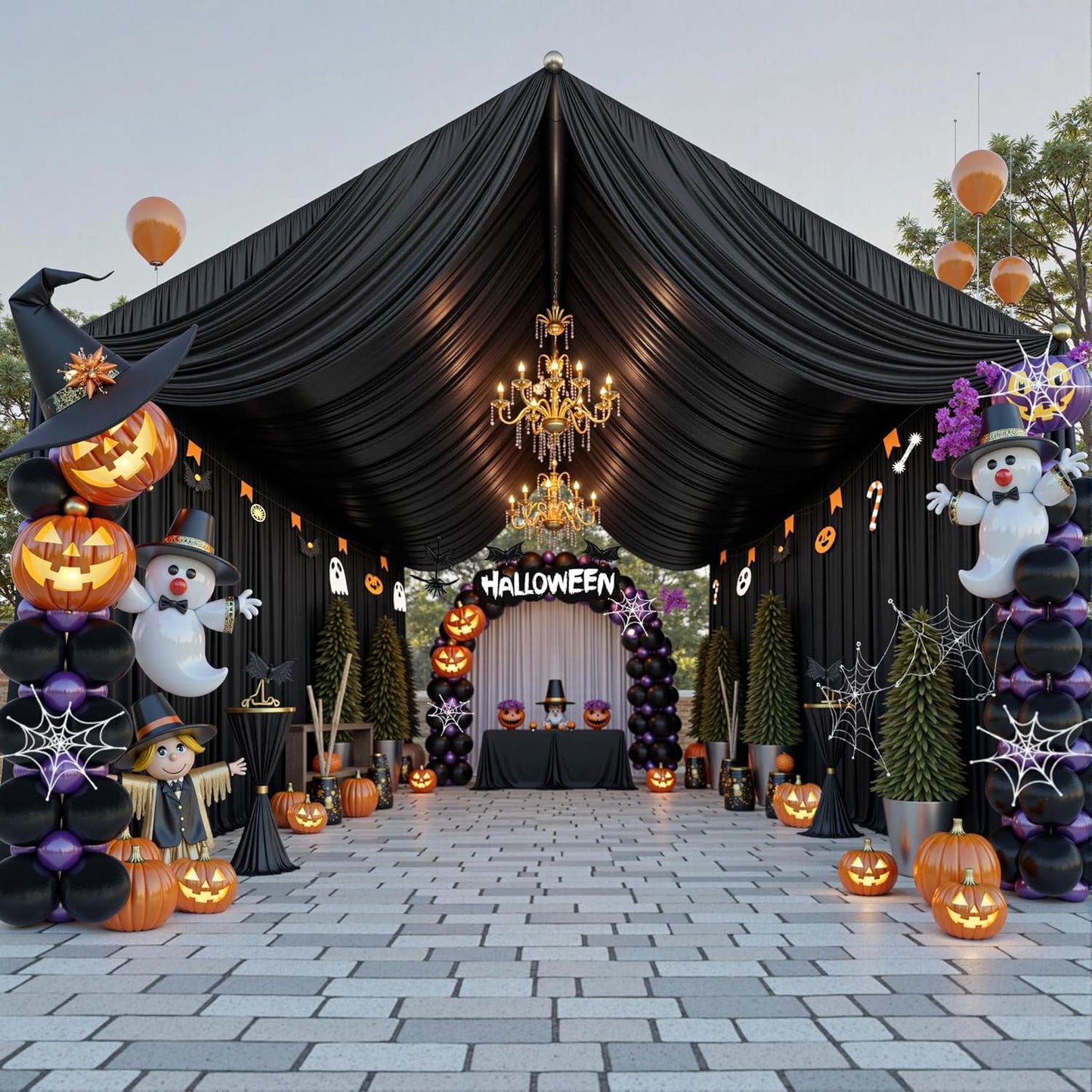 PartyVillage 10ftx40ft Black Ceiling Curtain for Halloween Parties – 2 Panels Wrinkle-Free 40 FT Long Tent Draping Curtains for Wedding, Birthday & Theme Parties, 40ft Height with Rod Pocket