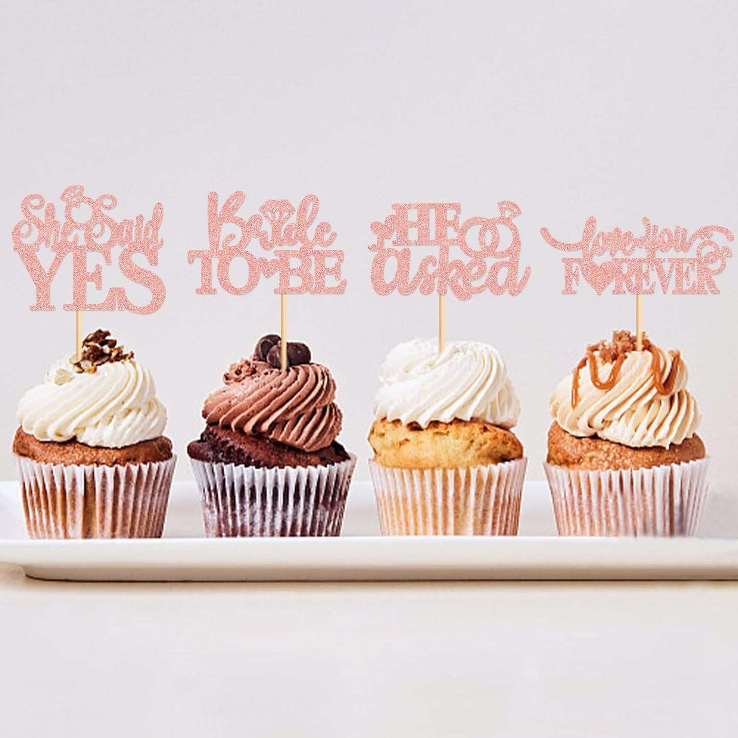 24 Pcs He Asked She Said Yes Cupcake Toppers Cake Picks for Wedding Engagement Party Cake Picks for Wedding Bridal Shower Party Cake Decorations Rose Gold