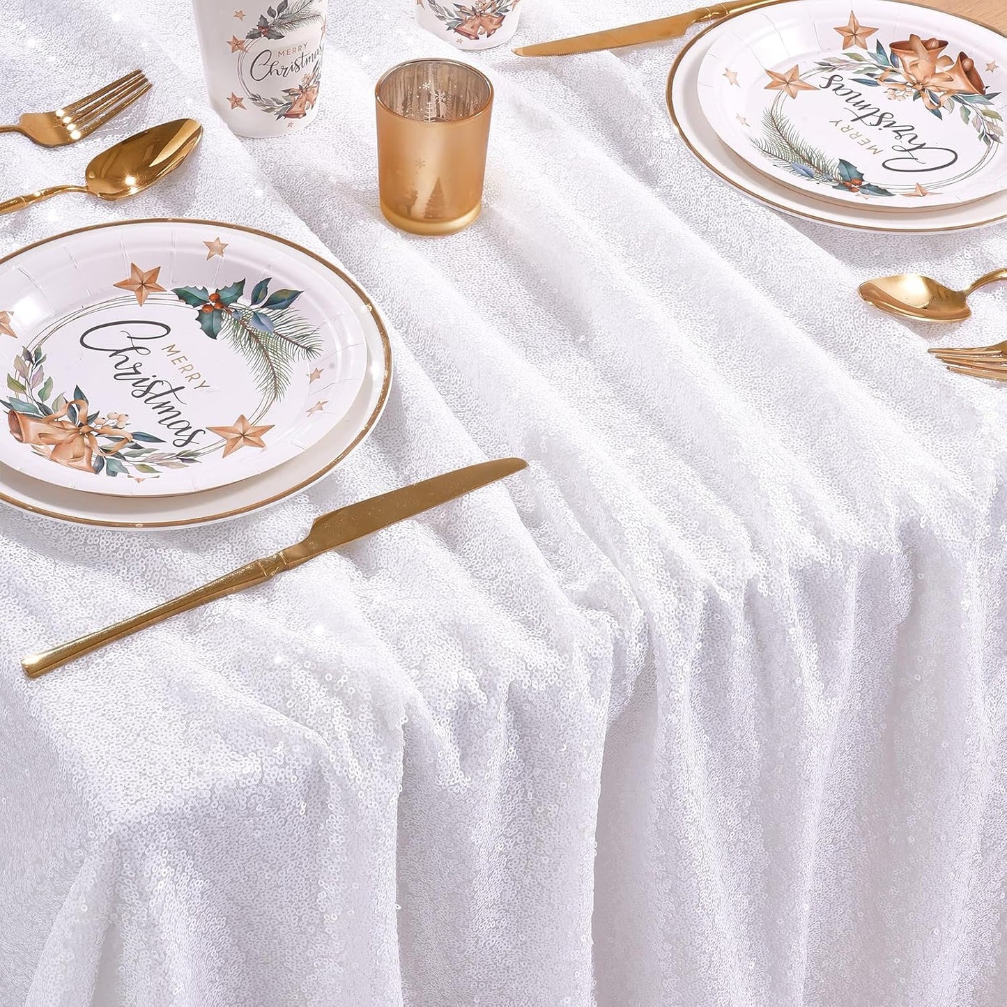 QueenDream White Wedding Tablecloth 90x90 Inch Sequin Fabric Table Cloths Rectangle Sparkle Anniversary Banquet Halls Christmas Decorations