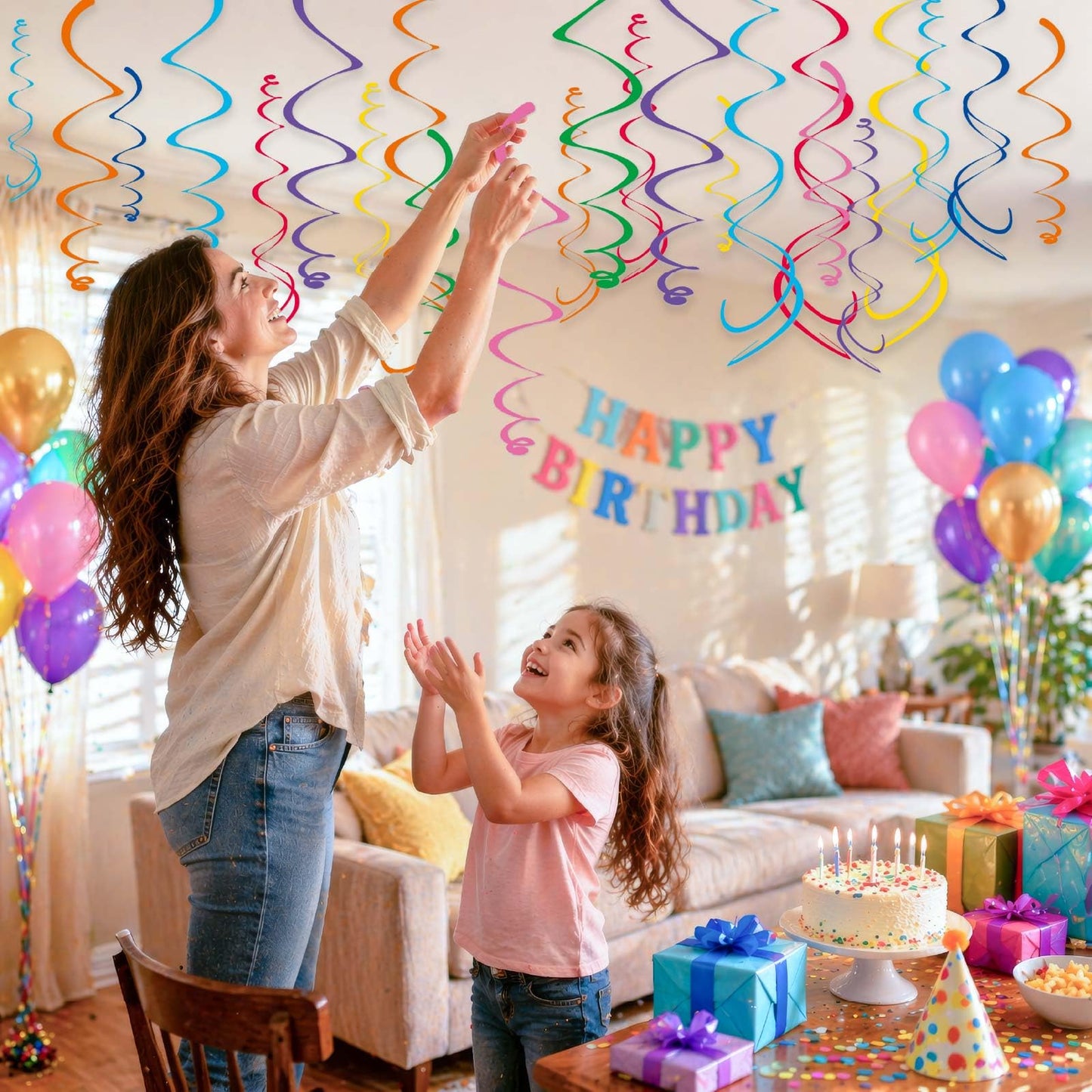 HonuGoGo 48‑Piece Multi-Color Paper Swirl Decorations – Hanging Party Swirls for Birthday, Baby