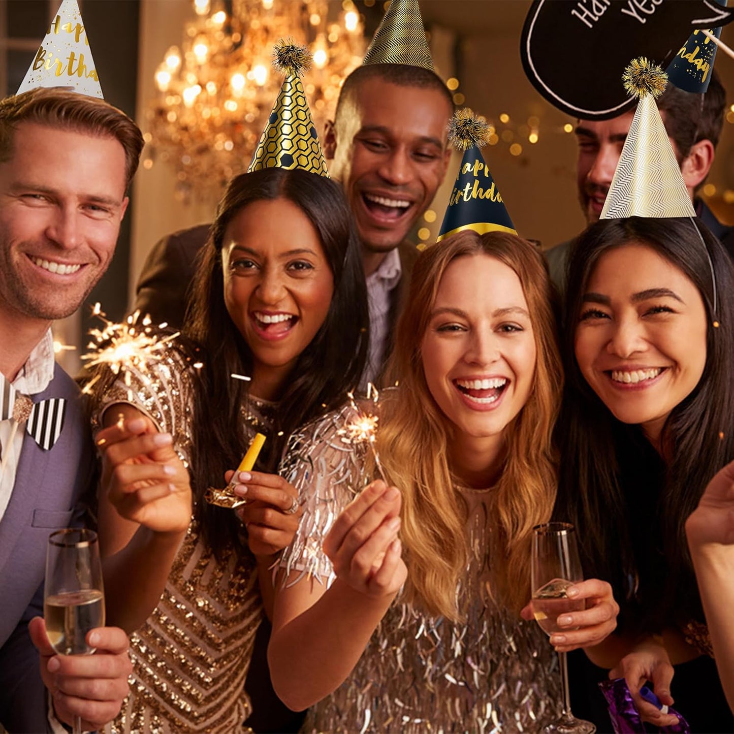 48 Pcs Gold Birthday Party Hats Gold Cone Hats Includes 16 Birthday Paper Hats and 32 Noise Makers