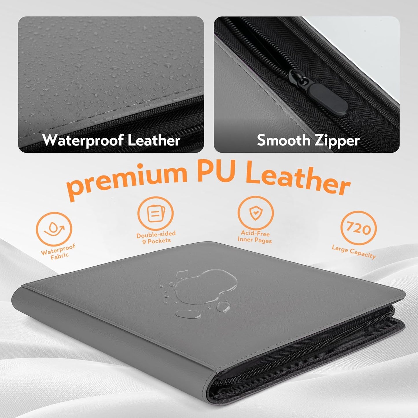 SMYV 12 Pocket Trading Card Binder, Premium PU Cover Card Binder for 720 Cards, Ringless Side Loading Card Collection Album Folders for MTG, TCG, Game Cards & Sports Cards (Grey)