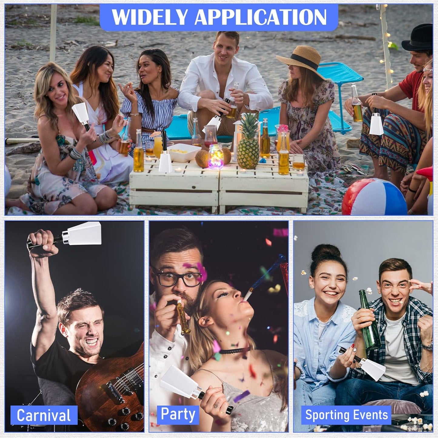 Pelopy 12 Pcs Large Cow Bell 9 '' Cowbell with Handle Cowbells for Sporting Events Hand Percussion Cheering Bell Chimes for Football Game, Alarm Loud Noise Makers, Musical Instrument(White)