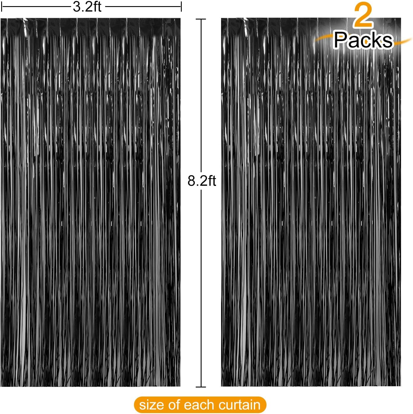 CHRORINE 2pcs 3ft x 8.3ft Black Tinsel Fringe Curtains Streamers Photo Backdrop for Birthday Graduation Halloween Anniversary Party Decorations