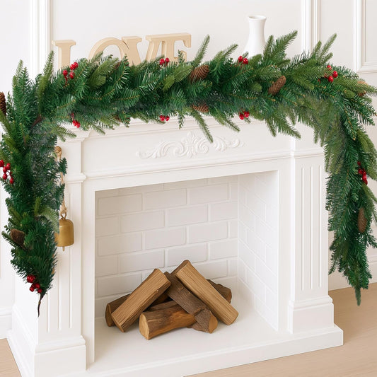 6FT Christmas Garland Artificial Norfolk Pine Tree Greenery, Cedar Cypress with Red Berries Pine Cones, Realistic Winter Holiday Mantel Fireplace Door Table Decor, Indoor Outdoor