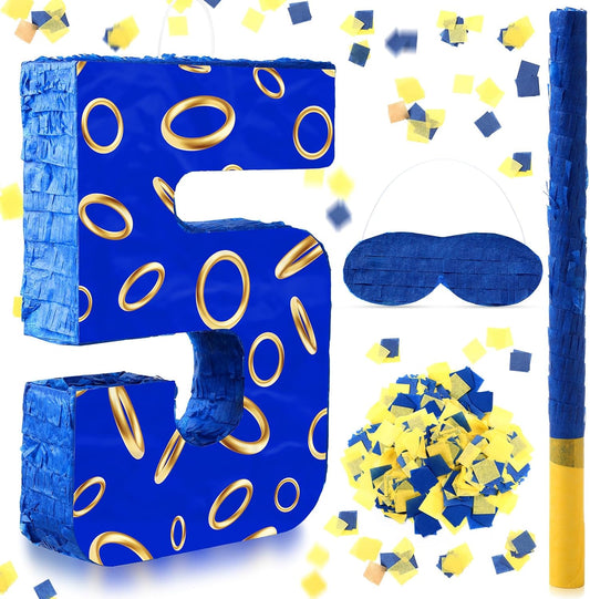 Number 5 Blue and Golden Rings Piñata for Kids Birthday Cartoon Theme Small Piñata with Blindfold Stick Confetti for Fiesta Cinco De Mayo Party Decor, 15.8 x 11 x 2.8 Inch