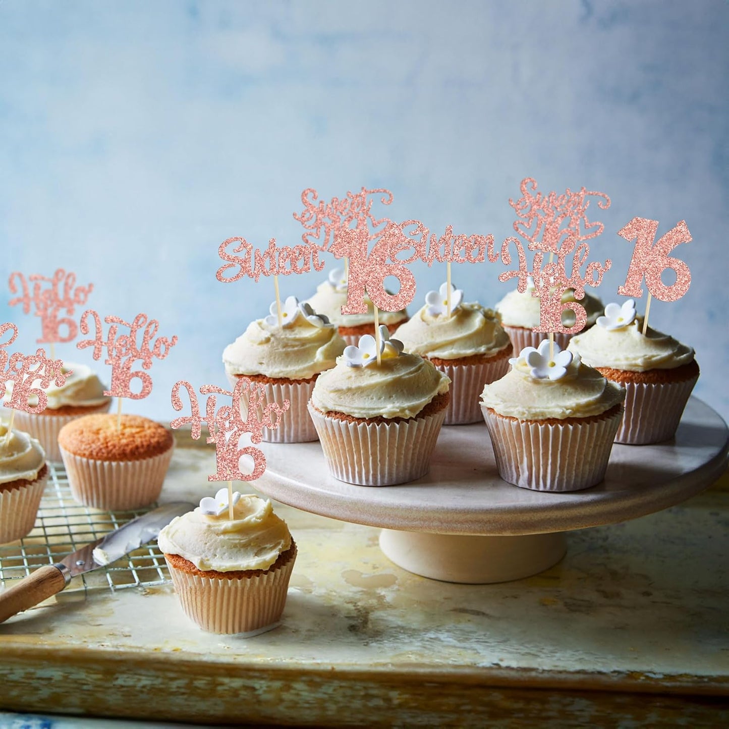 30pcs 16th Birthday Cupcake Toppers - Sixteen Happy Cupcake Picks, Cheers to Sweet 16 Cake Decorations in Rose Gold Glitter