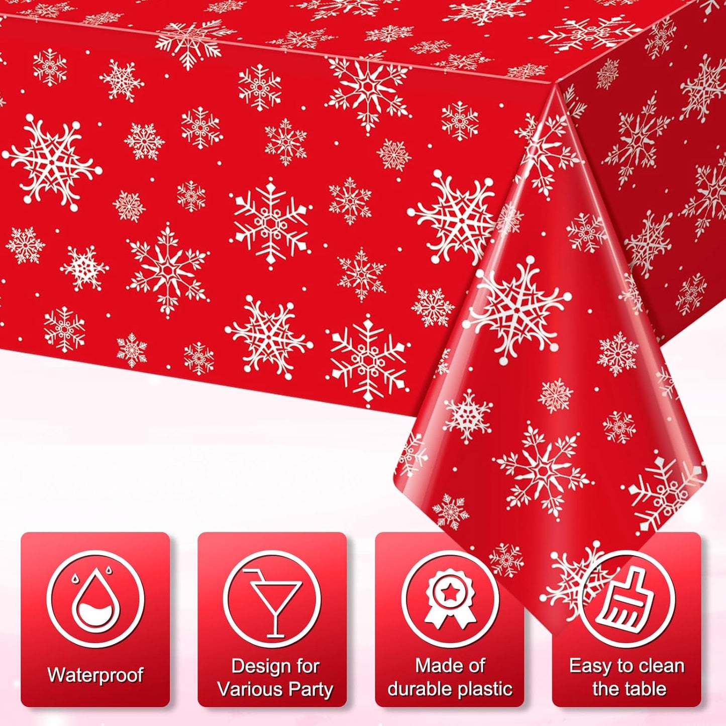 Jectivs 6 Pieces Christmas Snowflake Plastic Party Tablecloth Decorations,White Snowflake Red Xmas Backdrop Sign Table Cover Banner for Winter Christmas Holiday Party Supplies,54x108 inch (Red)