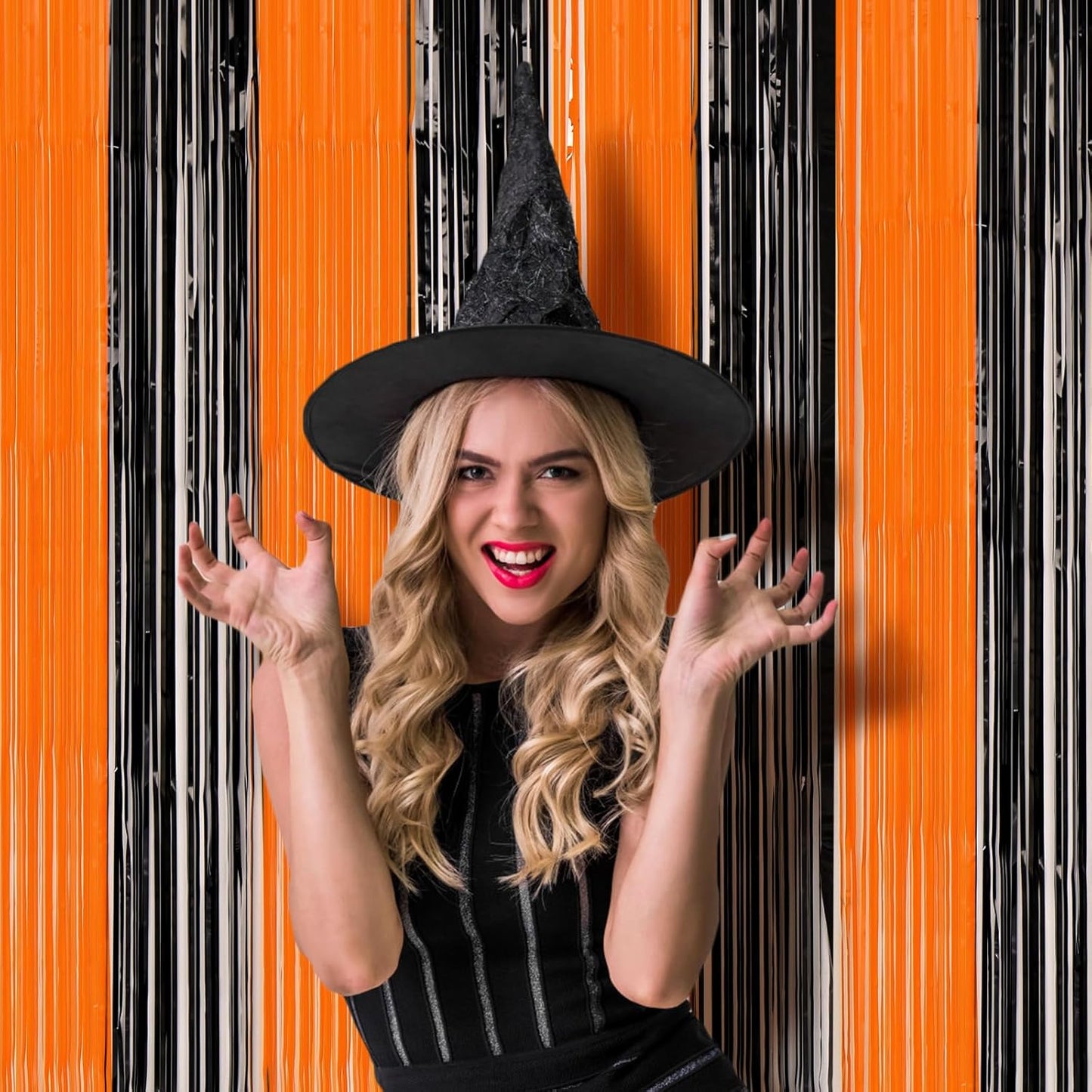 3 Pack 3.3x8.2 Feet Black and Orange Foil Fringe Backdrop Curtains, Tinsel Streamers Birthday Party Decorations, Fringe Backdrop for Graduation, Baby Shower, Gender Reveal, Disco Party
