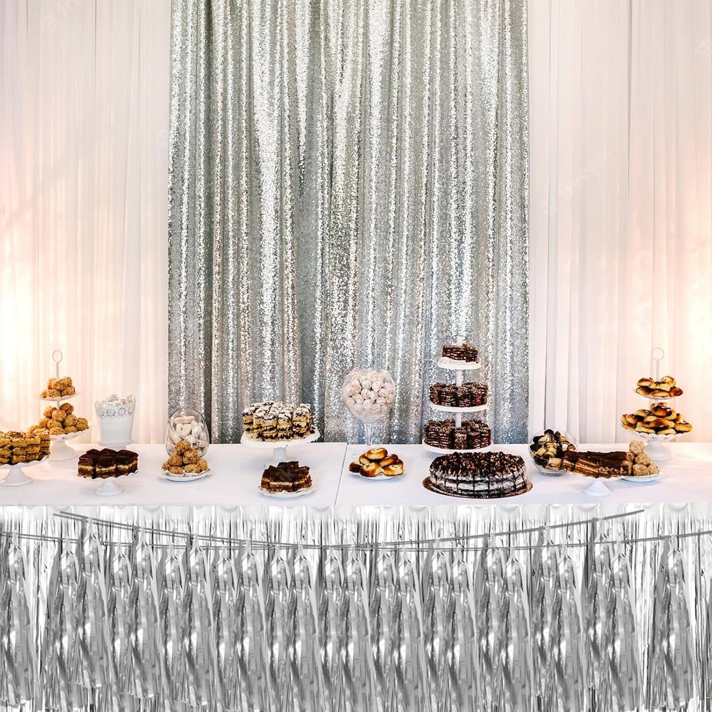 8P Silver Foil Fringe Metallic Tassel Streamers Banner Tassel Garland for Parade Floats, Bachelorette, Wedding, Birthday, Halloween, Christmas, Bridal/Baby Shower Party Decorations