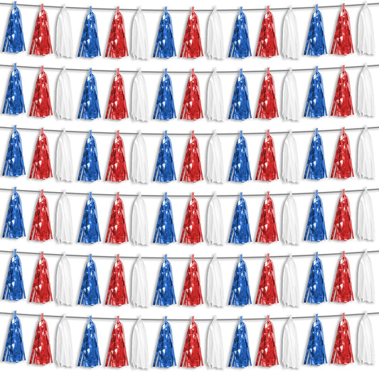 6P Red Blue White Foil Fringe Metallic Tassel Streamers Banner Tassel Garland for Parade Floats, Bachelorette, Wedding, Birthday, Graduation, Christmas, Bridal/Baby Shower Party Decorations
