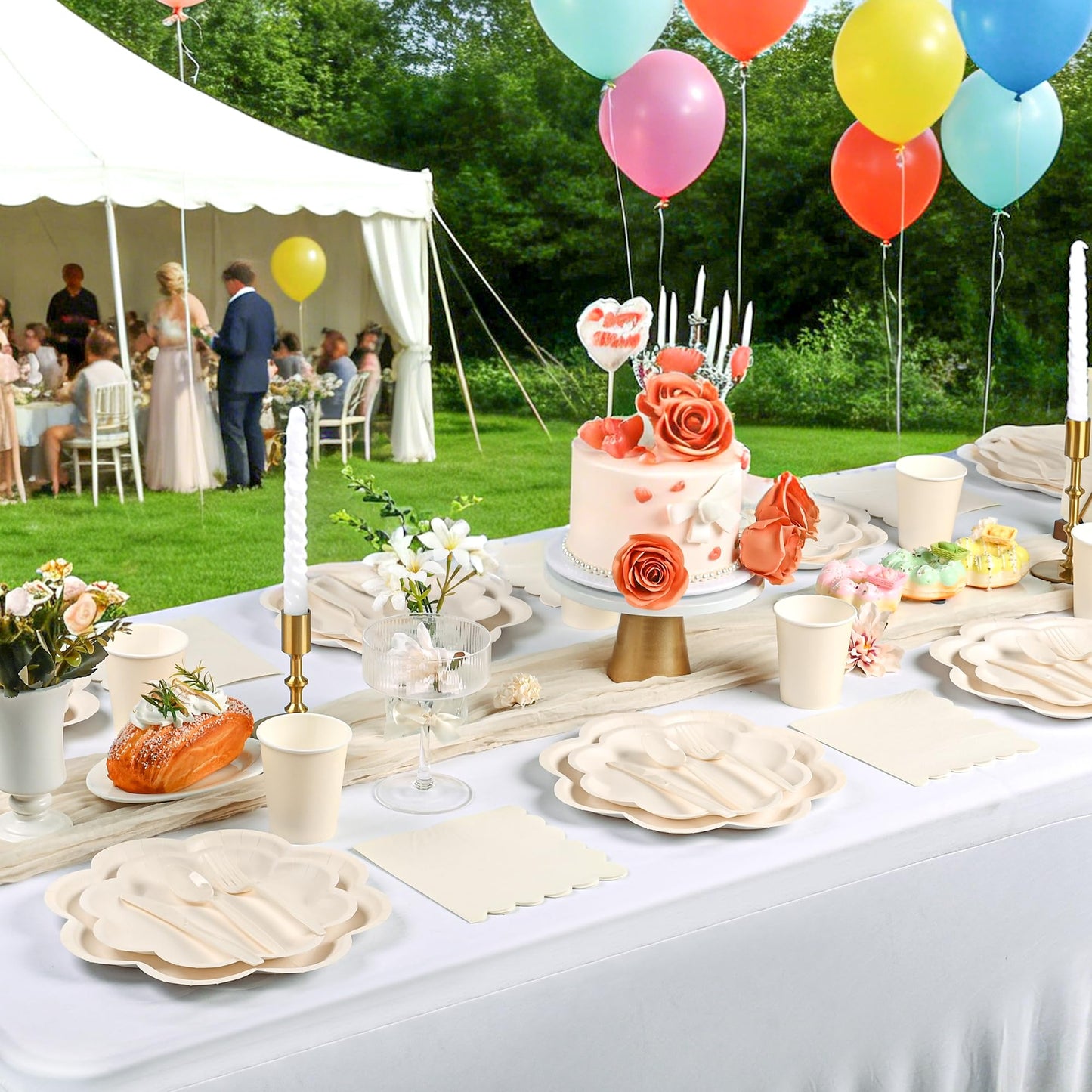 350 Pcs Party Plates and Cups and Napkins Ivory Scalloped Tableware Set