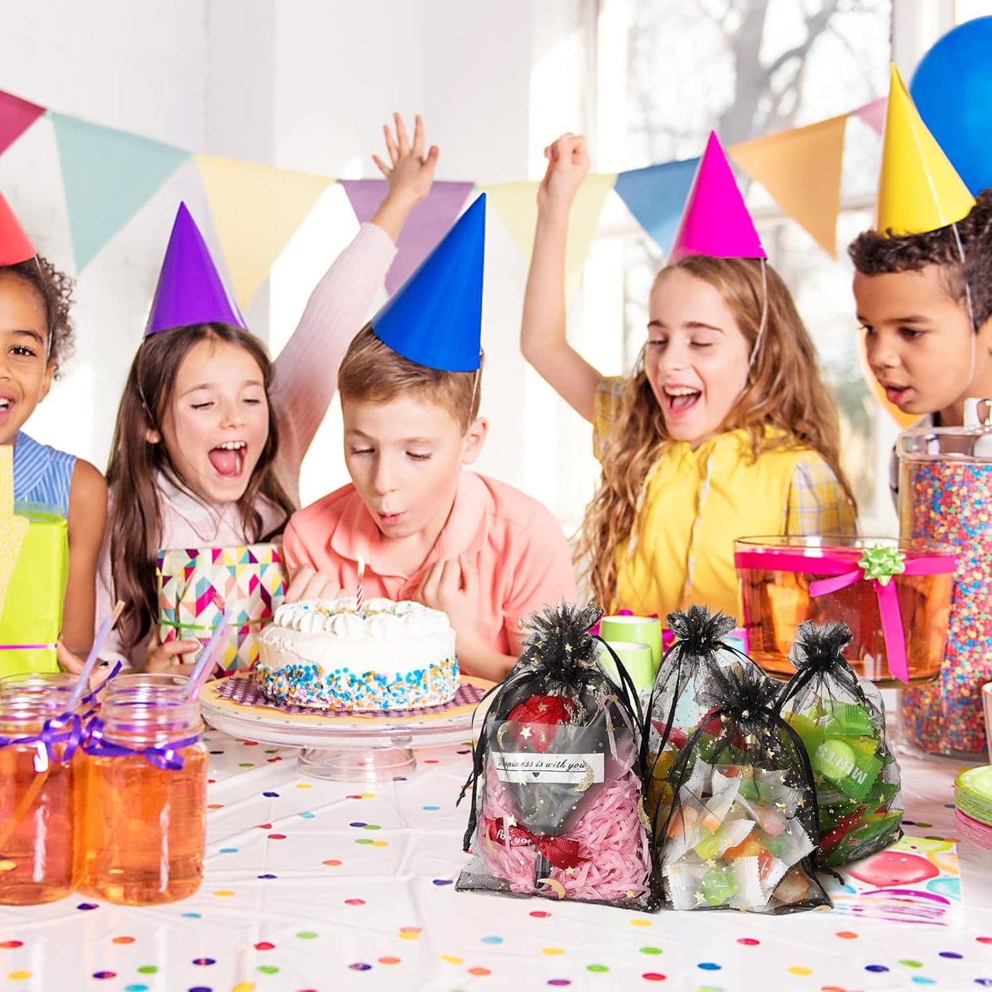 100PCS Moon Star Organza Bags - 4x6" Wedding Favors with Drawstring, Black Organza Gift Pouch for Jewelry, Wedding, Valentine's Day, Christmas, Eid Mubarak Party Favor Bags