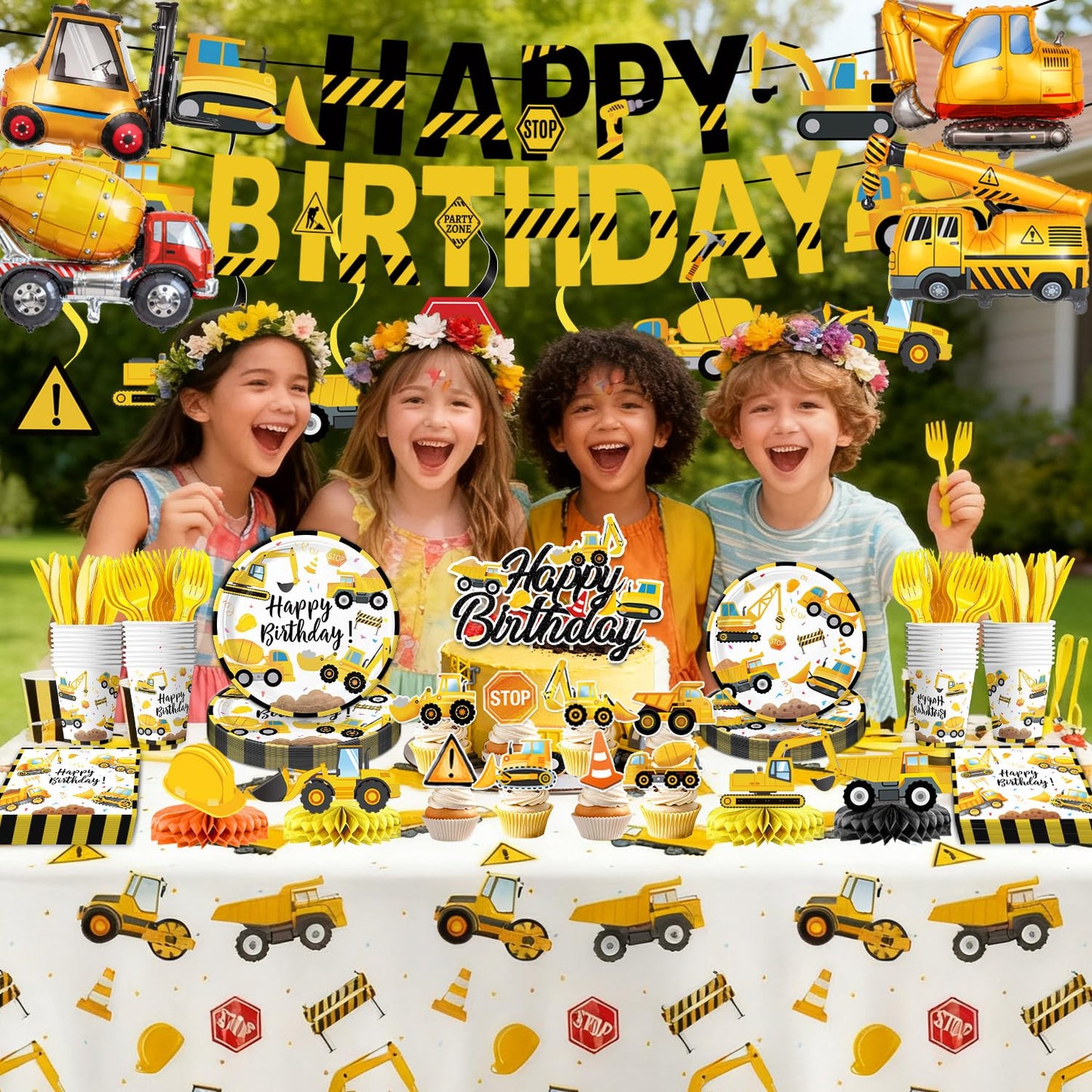 Construction Birthday Party Supplies - Plates, Napkins, Cups, Cutlery, Banner, Hanging Swirls