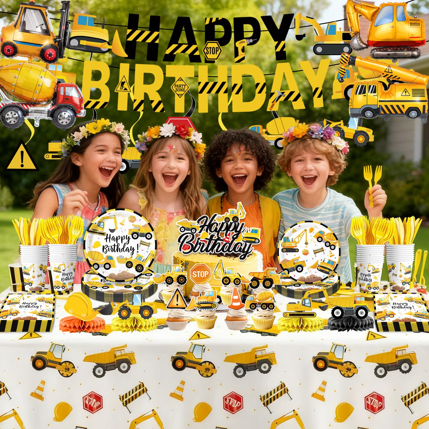 Construction Birthday Party Supplies - Plates, Napkins, Cups, Cutlery, Banner, Hanging Swirls