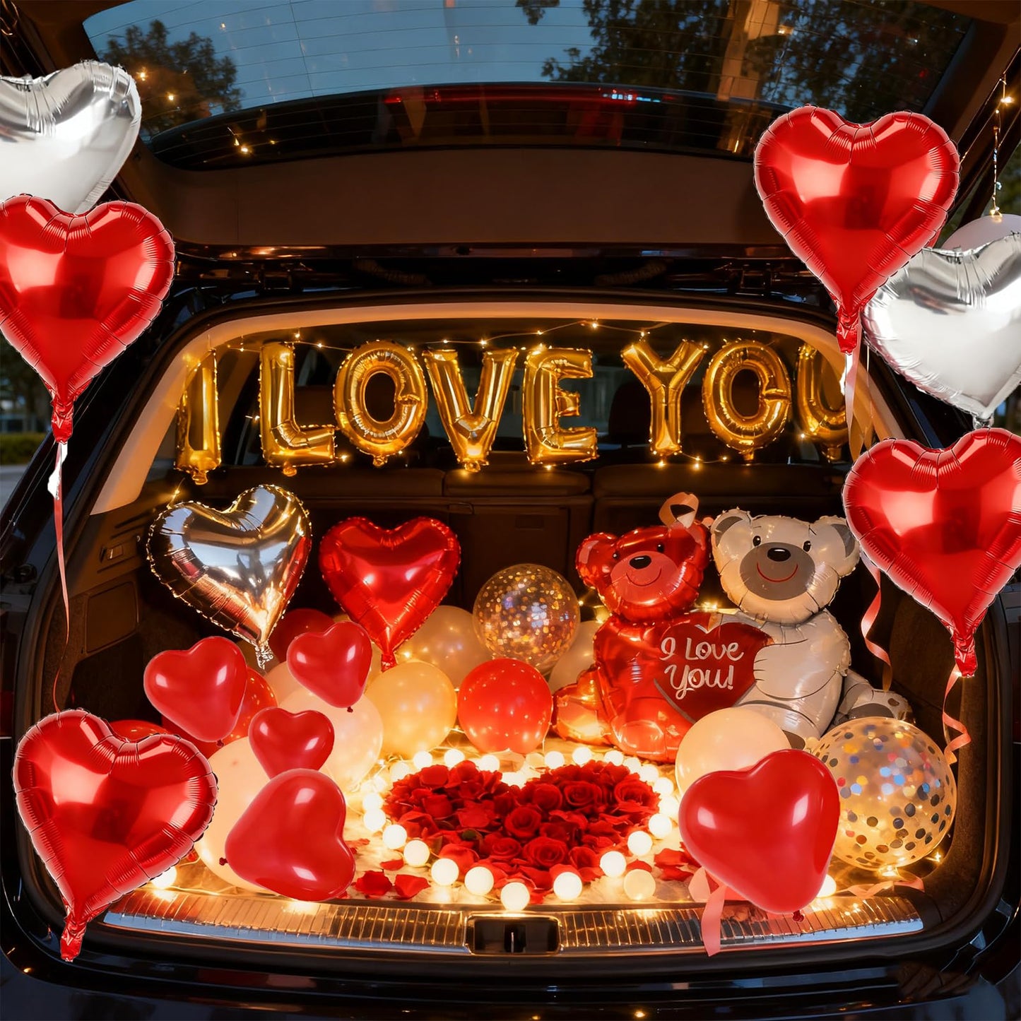 54pcs I Love You Heart Balloons Valentines Decoration with 50 Hanging 1000 Silk Rose Petal Bear