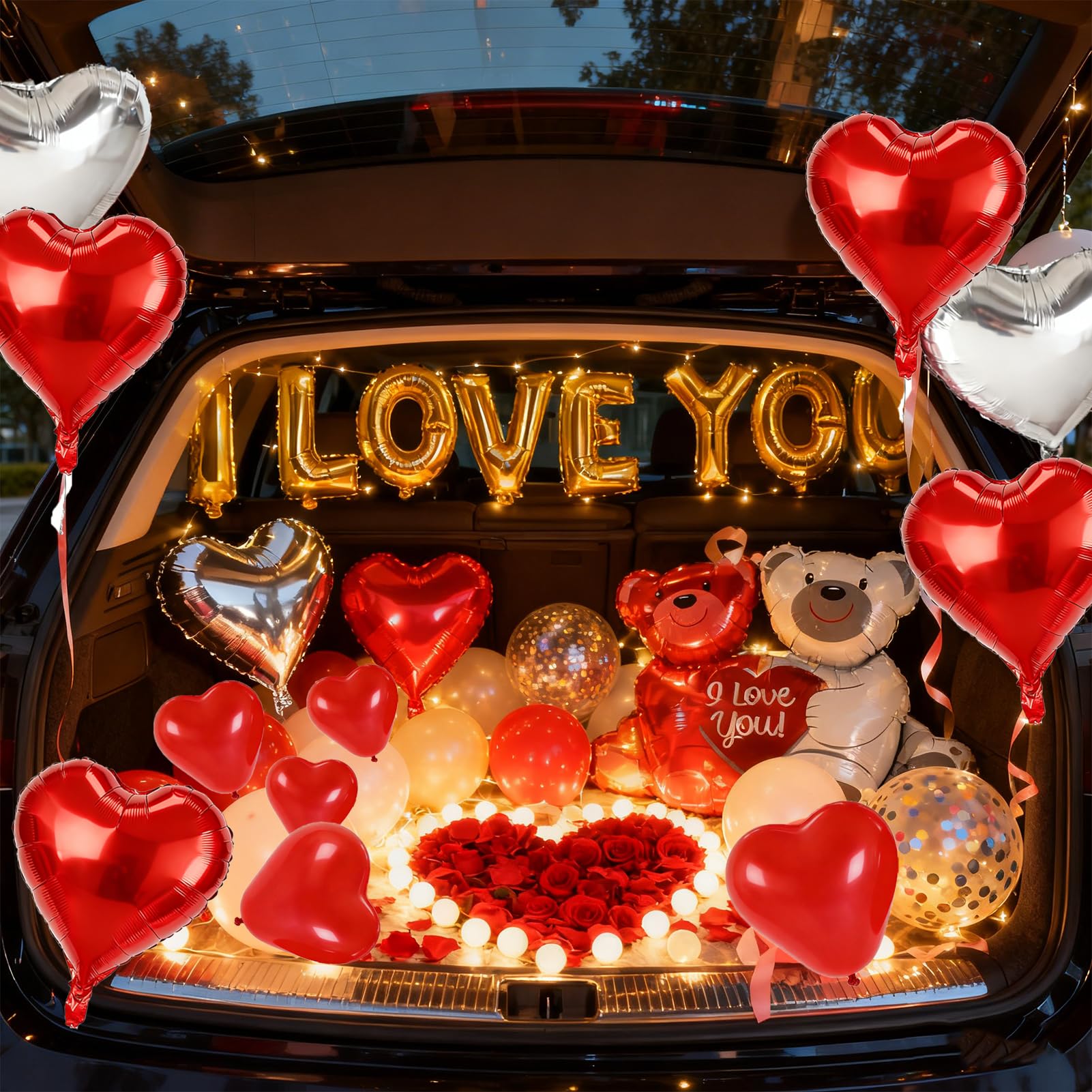 54pcs I Love You Heart Balloons Valentines Decoration with 50 Hanging 1000 Silk Rose Petal Bear