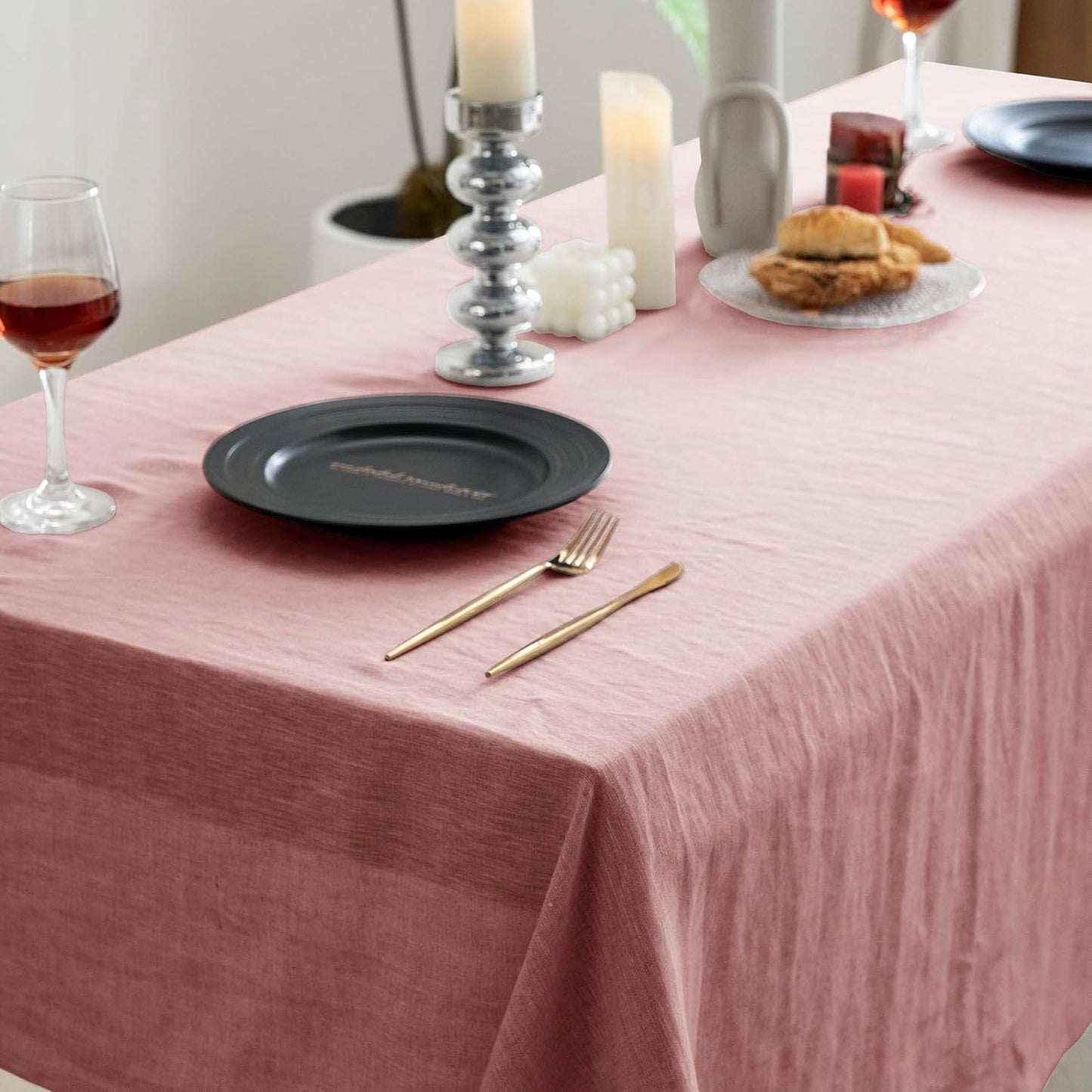 EVERLY 100% Pure Linen Rectangle Tablecloths 60x84Inches for Dining,Buffet Parties,Picnic,Events,Weddings and Restaurants,Decorative Halloween,Thanksgiving Machine Washable Tablecloths-Muddy Pink