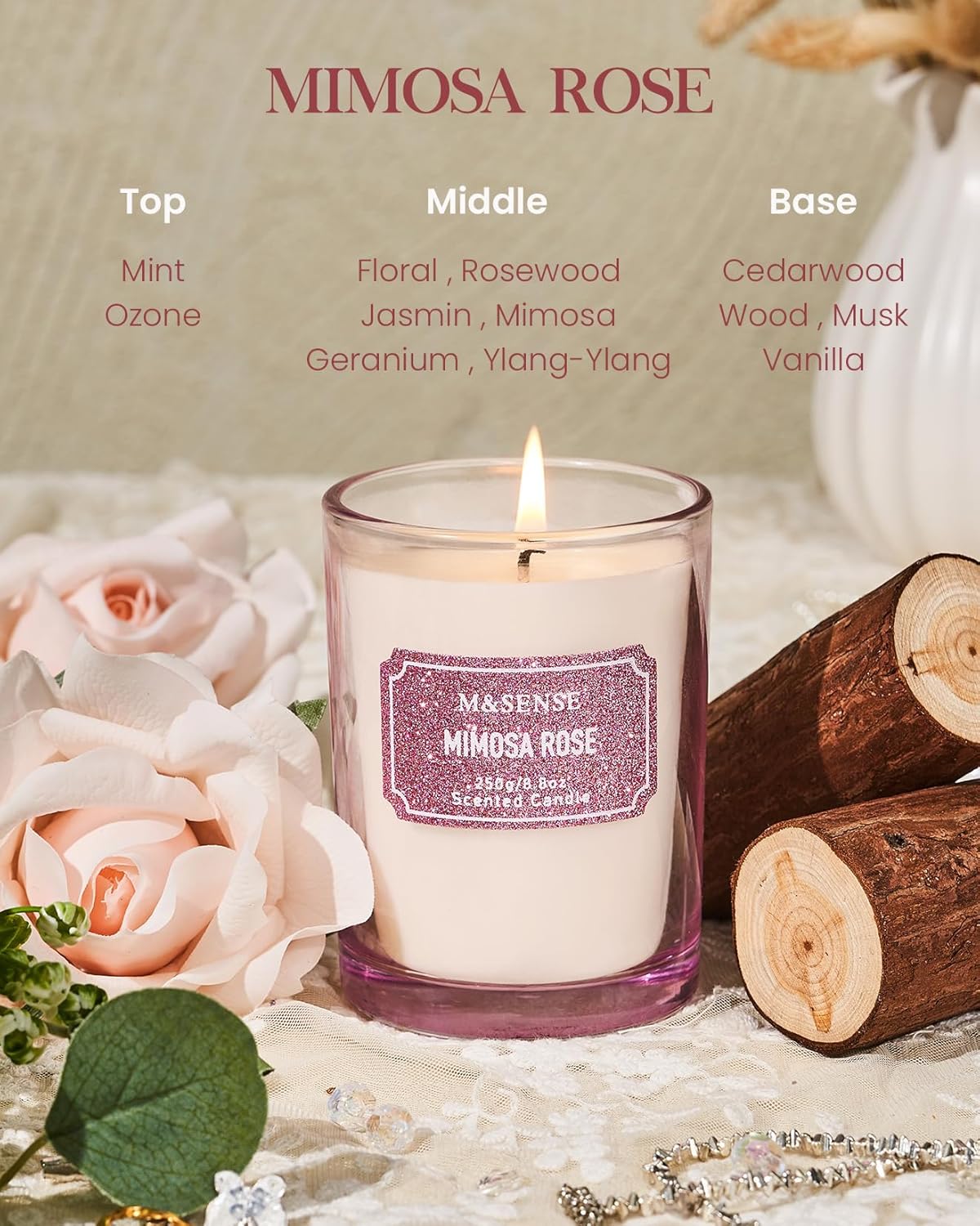 M&SENSE Rose Scented Candles, Classic Size 8.8 oz Glitter Jar Candles, Holiday Candles Gifts for Women, Strong Scented Natural Soy Candle for Winter Home Decor, 50 Hours Long Burning Candles