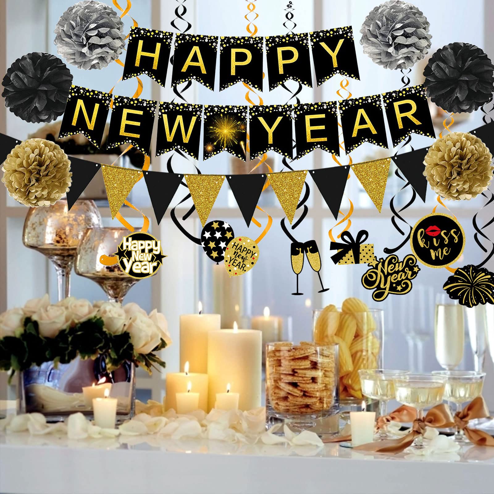 Famoby Happy New Year Banner Pom poms Triangle flag Swirls Garland Hanging Bunting for Happy New