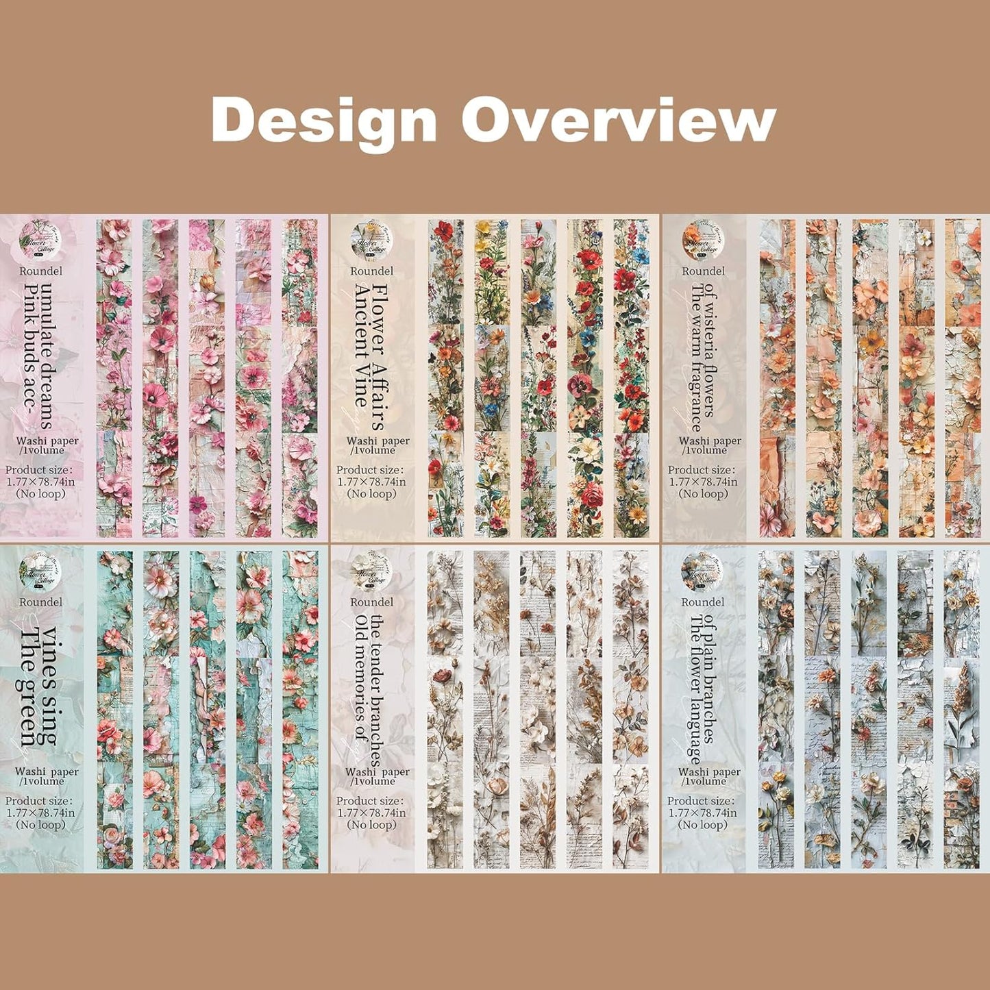 Vintage Floral Washi Tape Set ??6 Rolls, 2M Non-Repeating Flower Collage Designs, Decorative Craft Tape for Scrapbooking, Journals, Planners with Accessory Clip Included