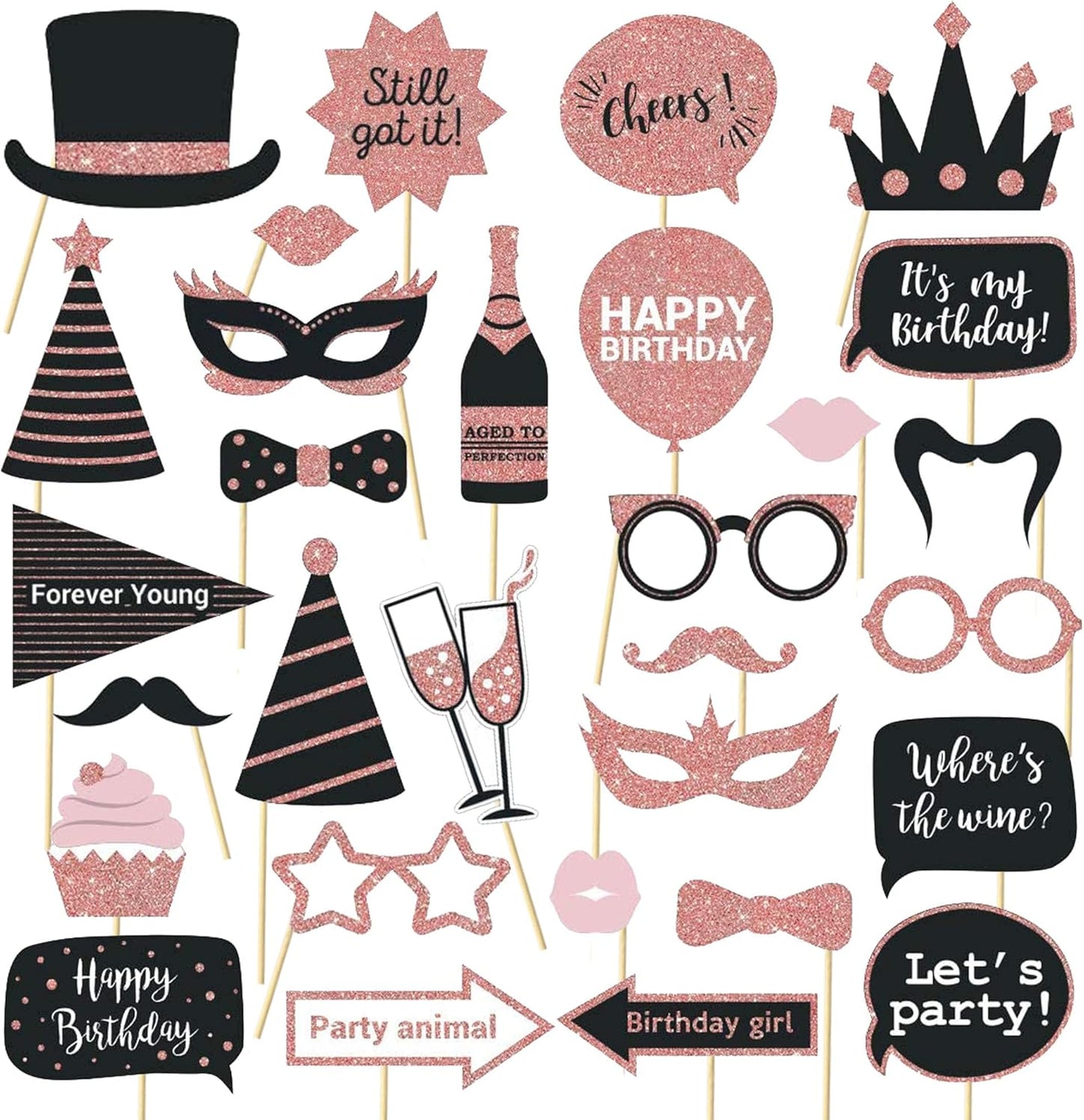 Party Birthday Photo Booth Props, 30Pcs Set of Happy Birthday Selfie Party Supplies with Real Glitter Cute Bday Designs for Women or Girls,Easy to Assemble(Rose Gold)